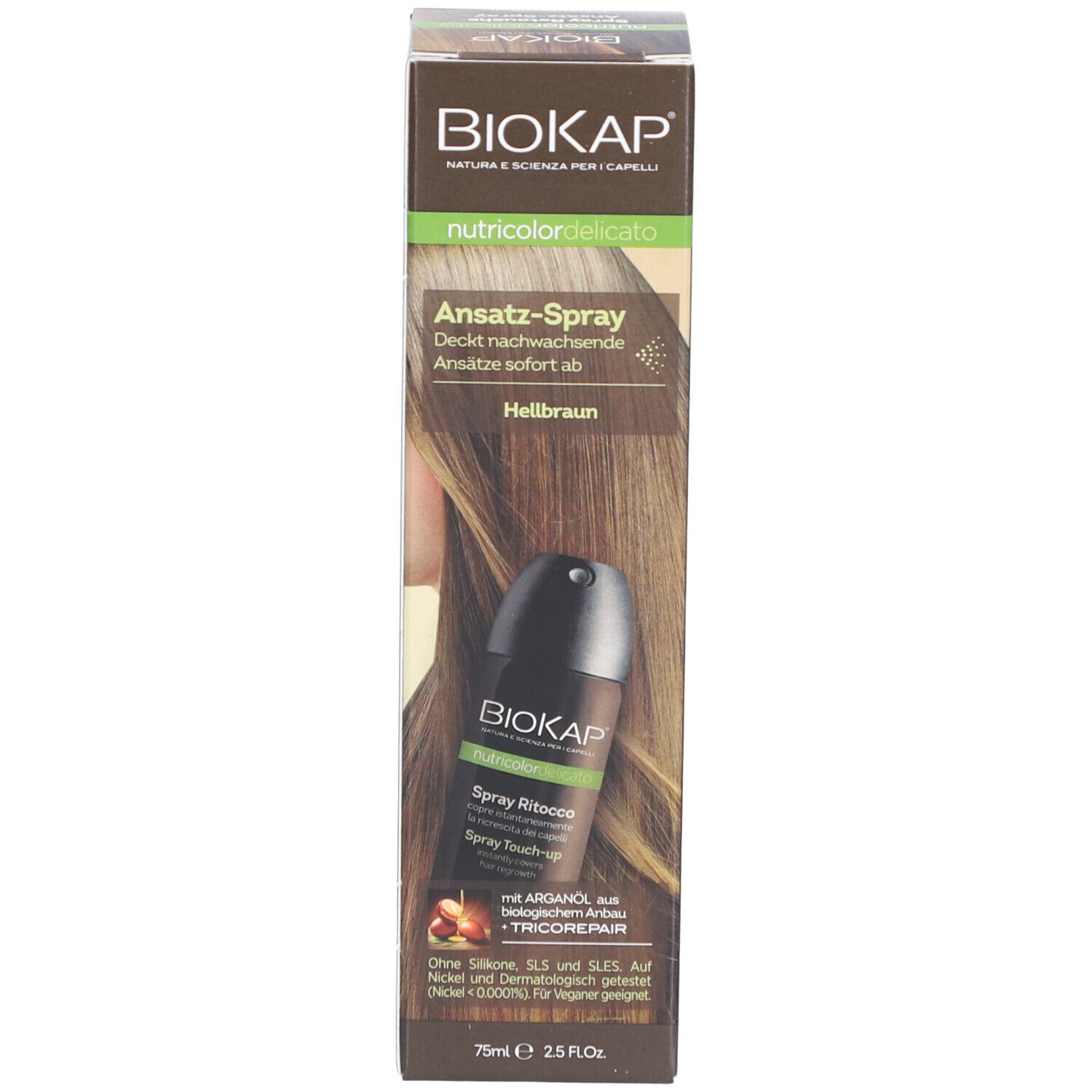 BIOKAP Nutricolor Delicato Spray Retouche, Châtain Clair. Emballage. Texte: Ansatz-Spray, Hellbraun. Aérosol à côté.