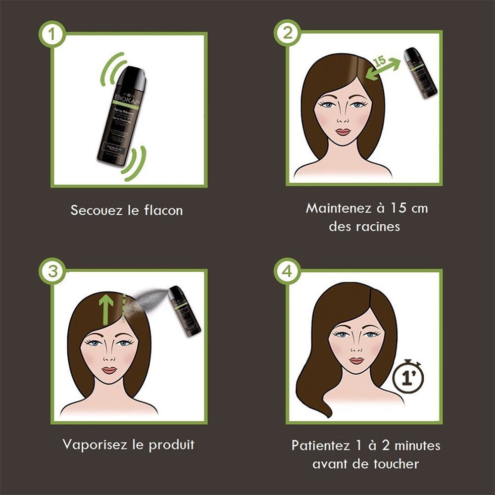 Instructions d'utilisation de BIOKAP Spray Retouche. Étapes: Agiter, 15 cm, vaporiser, attendre 1-2 minutes.