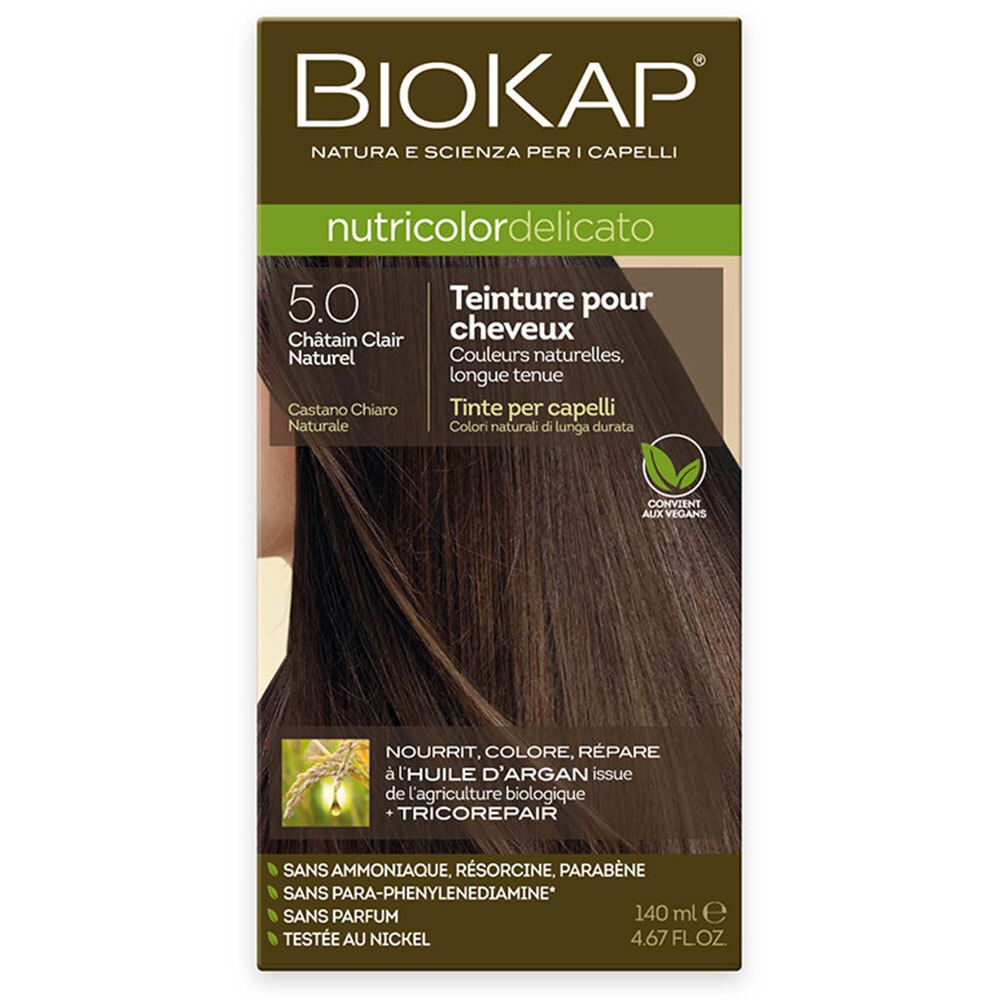BIOKAP Nutricolor Delicato 5.0 Châtain Clair Naturel. Haarverf. Verpakking met productinfo.