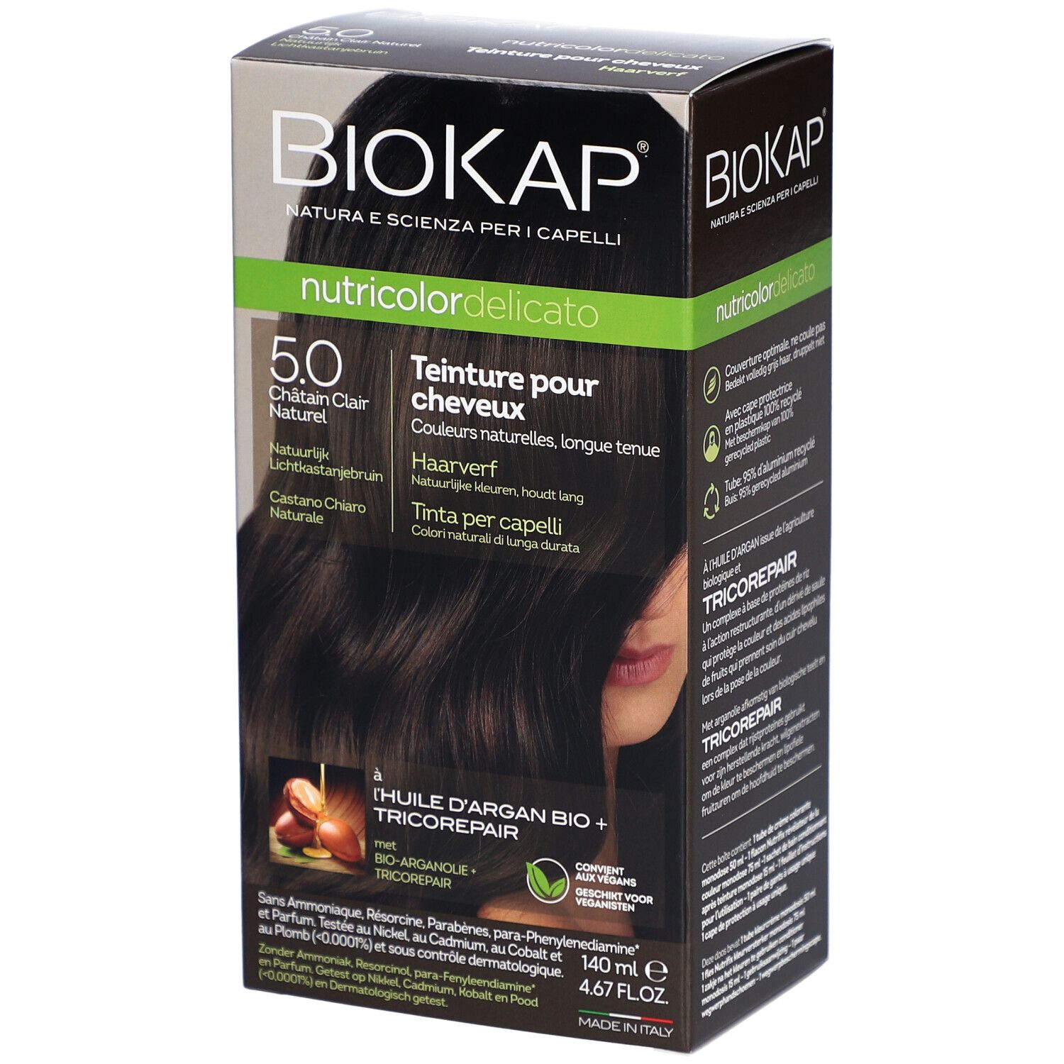 BIOKAP Nutricolor Delicato 5.0 Châtain Clair Naturel. Haarverf. Verpakking, productweergave.