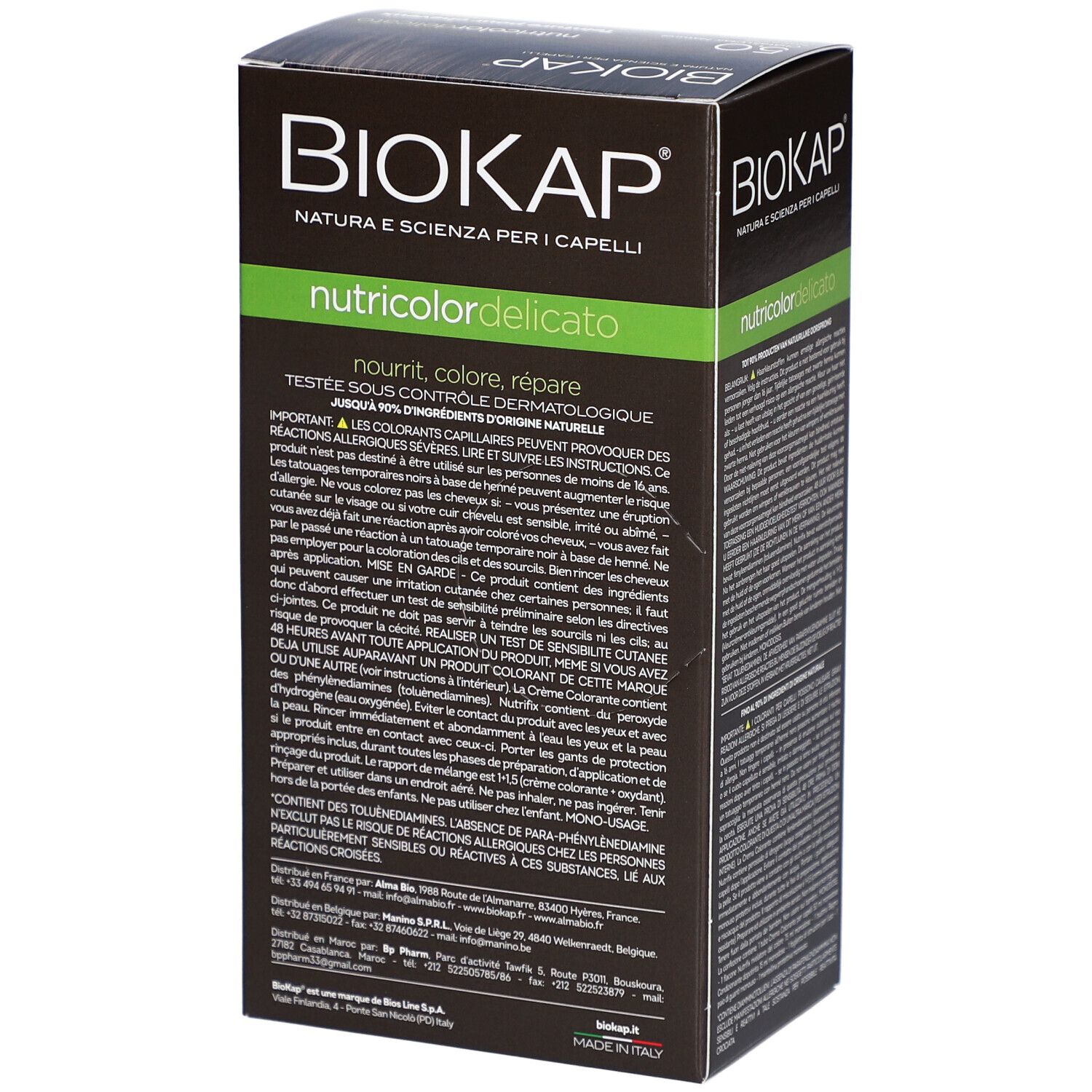 BIOKAP Nutricolor Delicato. Verpakking met tekst. Productinfo en waarschuwingen.