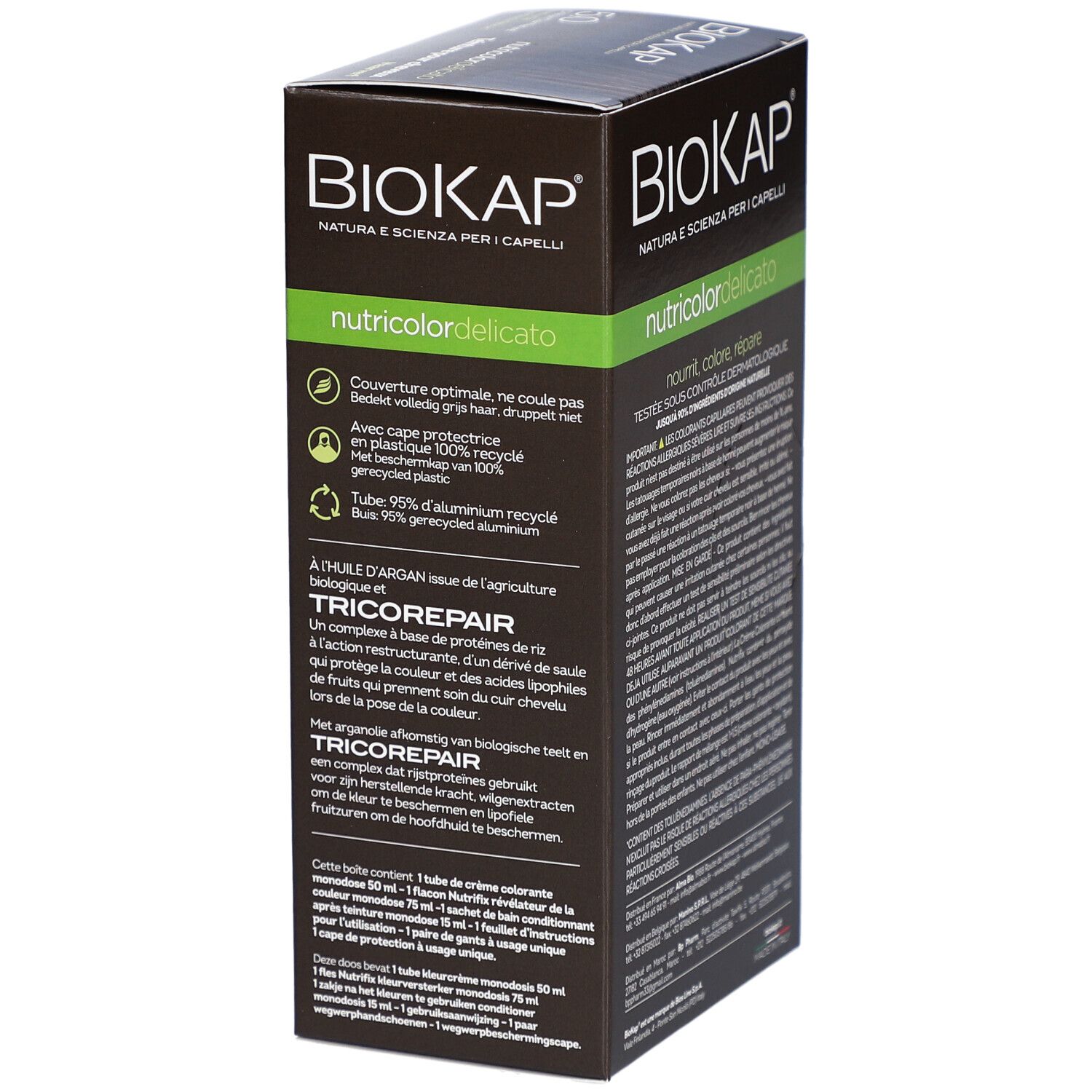 BIOKAP Nutricolor Delicato. Verpakking met tekst. Ingrediënten, gerecyclede materialen.