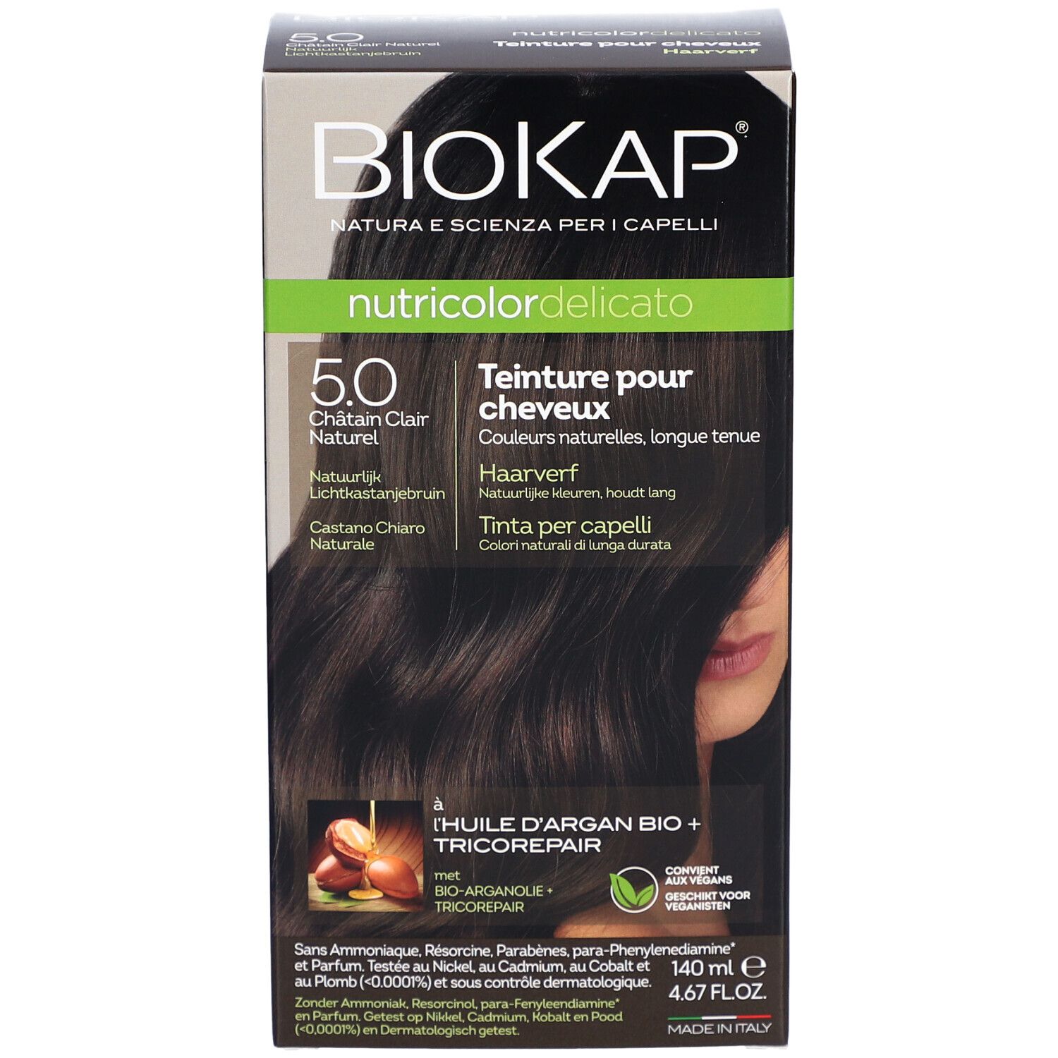 BIOKAP Nutricolor Delicato 5.0 Châtain Clair Naturel. Haarverf. Verpakking, productweergave.