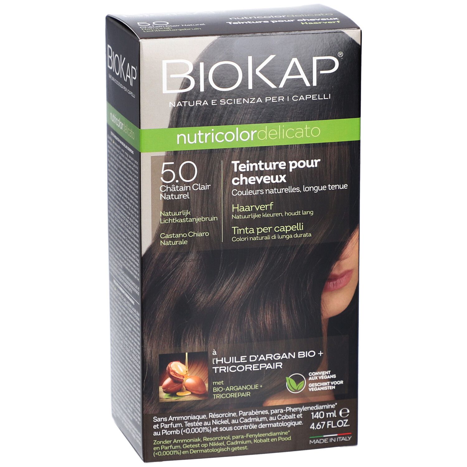 BIOKAP Nutricolor Delicato 5.0 Châtain Clair Naturel. Haarverf. Verpakking, productweergave.