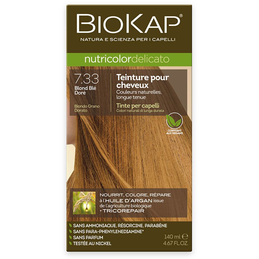 BIOKAP Nutricolor Delicato 7.33 Blond Blé Doré. Boîte avec image produit et texte. Couleurs vert et marron.