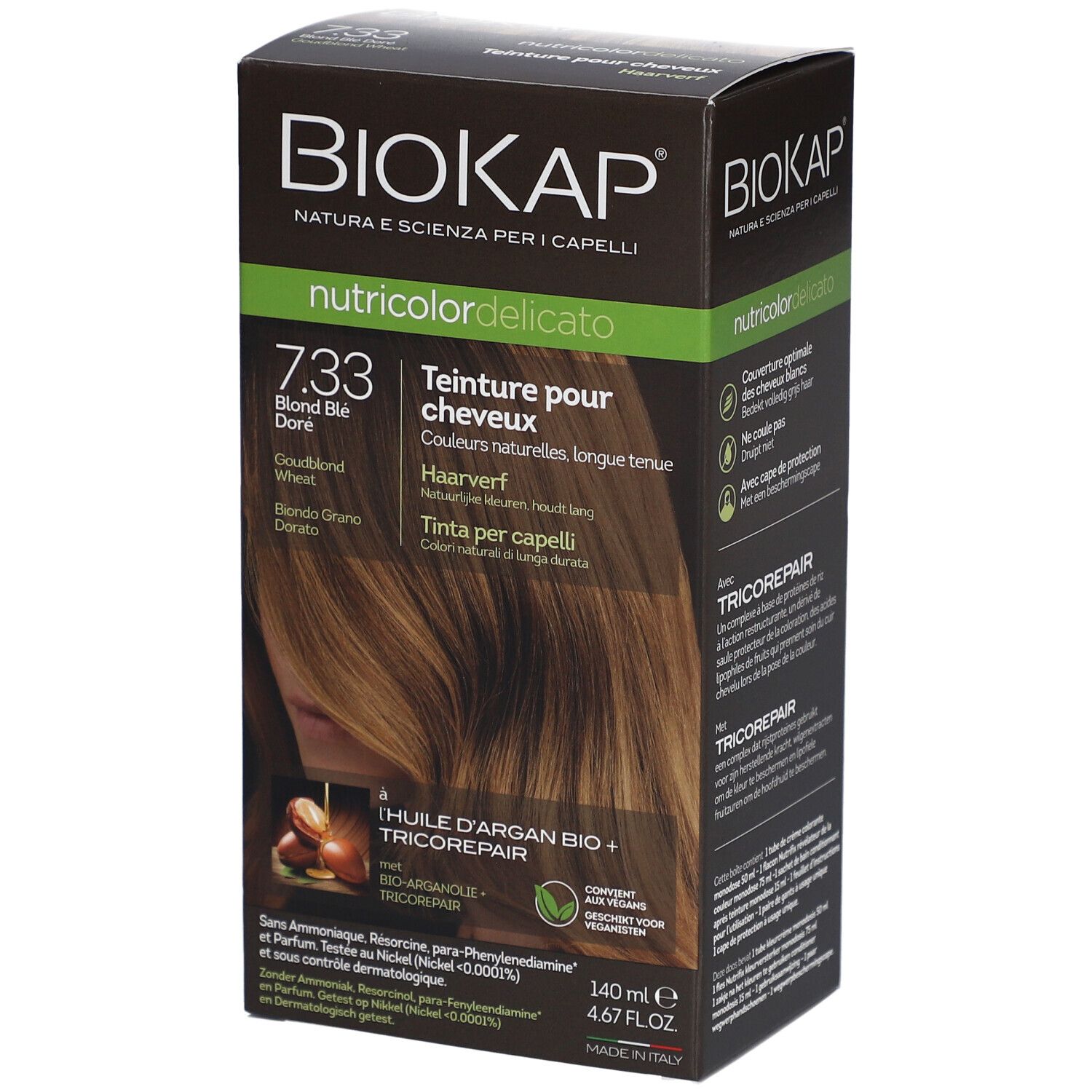 BIOKAP Nutricolor Delicato 7.33 Blond Blé Doré. Boîte avec image produit et texte. Couleurs vert et marron.