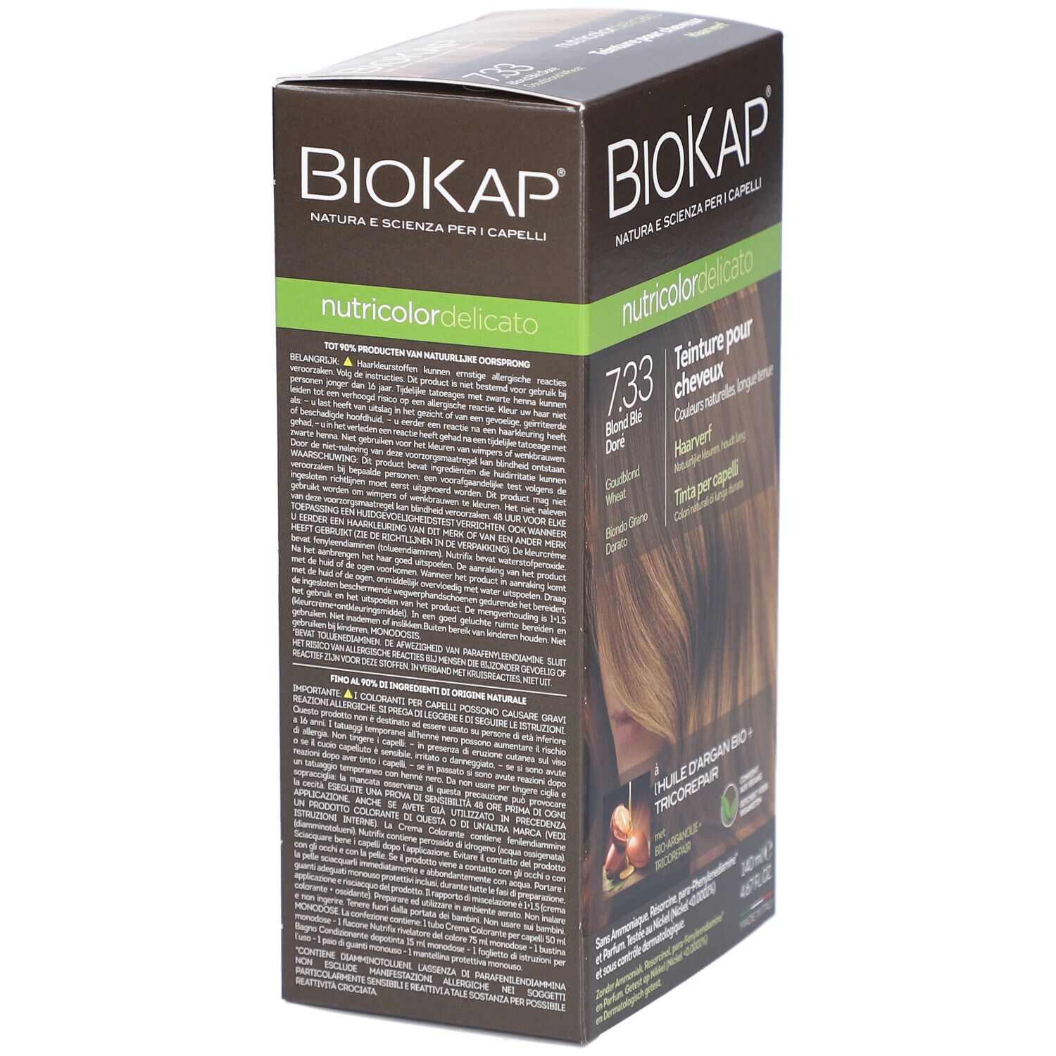BIOKAP Nutricolor Delicato 7.33 Blond Blé Doré. Boîte, dos avec texte. Couleurs vert et marron.