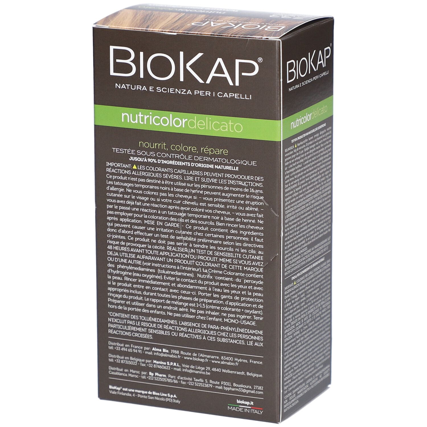 BIOKAP Nutricolor Delicato 7.33 Blond Blé Doré. Boîte, vue latérale avec texte. Couleurs vert et marron.
