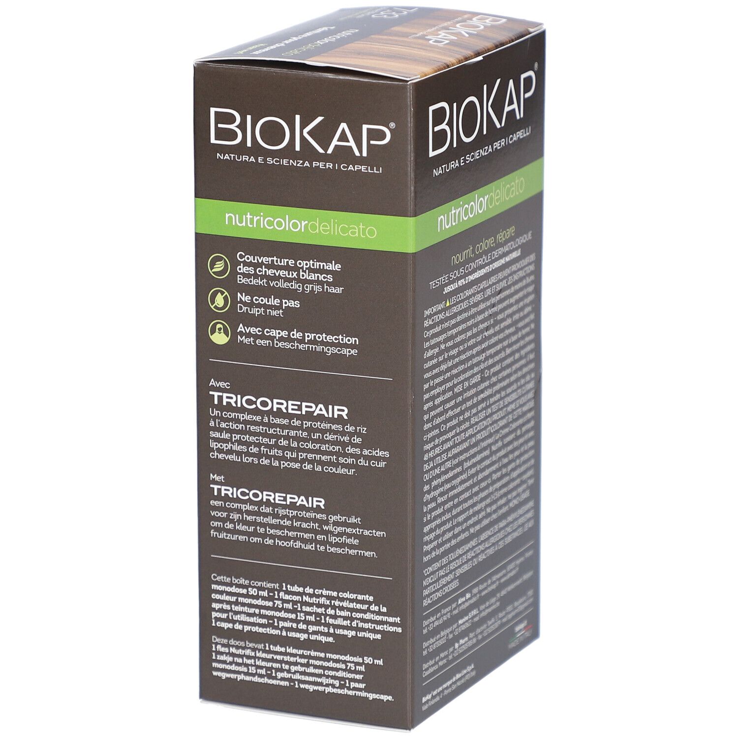 BIOKAP Nutricolor Delicato 7.33 Blond Blé Doré. Boîte, vue latérale avec texte. Couleurs vert et marron.