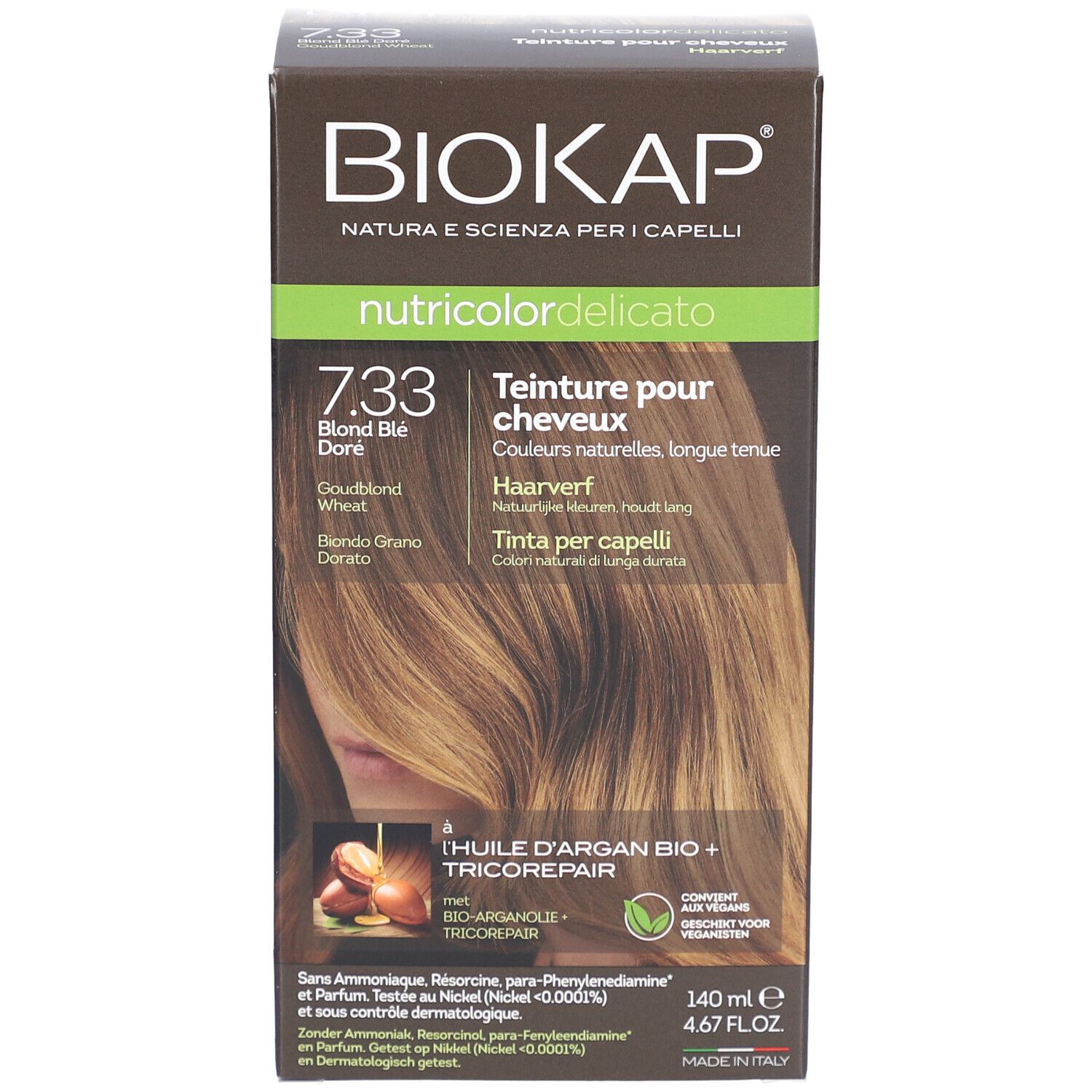 BIOKAP Nutricolor Delicato 7.33 Blond Blé Doré. Boîte avec image produit et texte. Couleurs vert et marron.