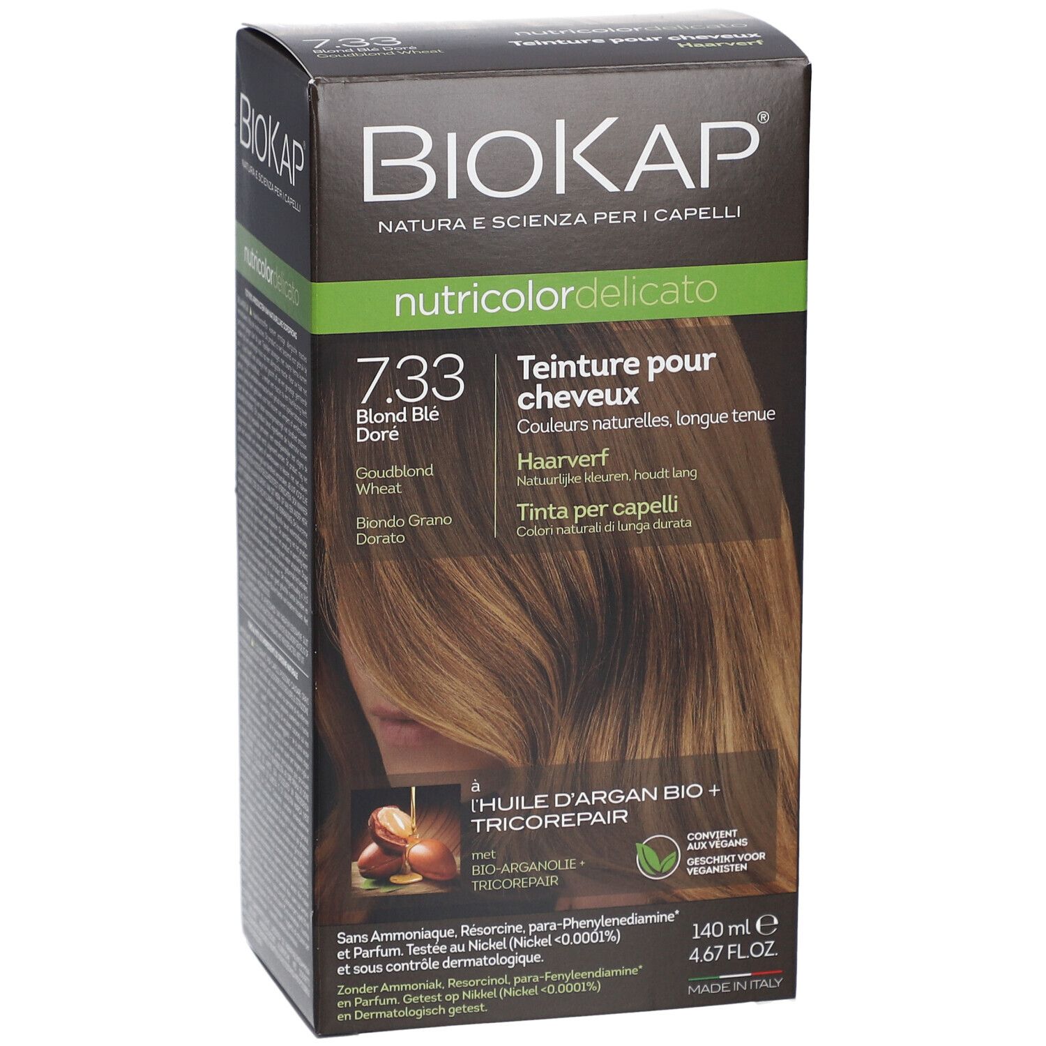 BIOKAP Nutricolor Delicato 7.33 Blond Blé Doré. Boîte avec image produit et texte. Couleurs vert et marron.
