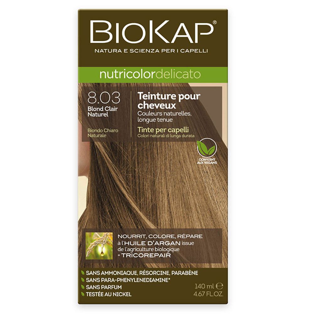 Boîte de teinture pour cheveux BIOKAP Nutricolor Delicato 8.03 Blond Clair Naturel. Visuel du produit et texte.
