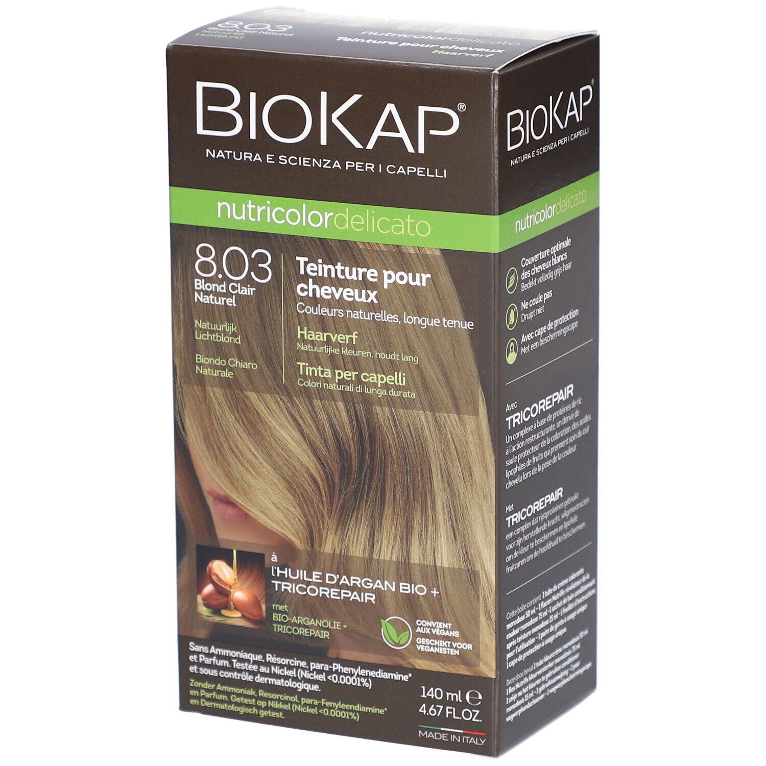 Boîte de produit BIOKAP Nutricolor Delicato 8.03 Blond Clair Naturel. Visuel et texte.
