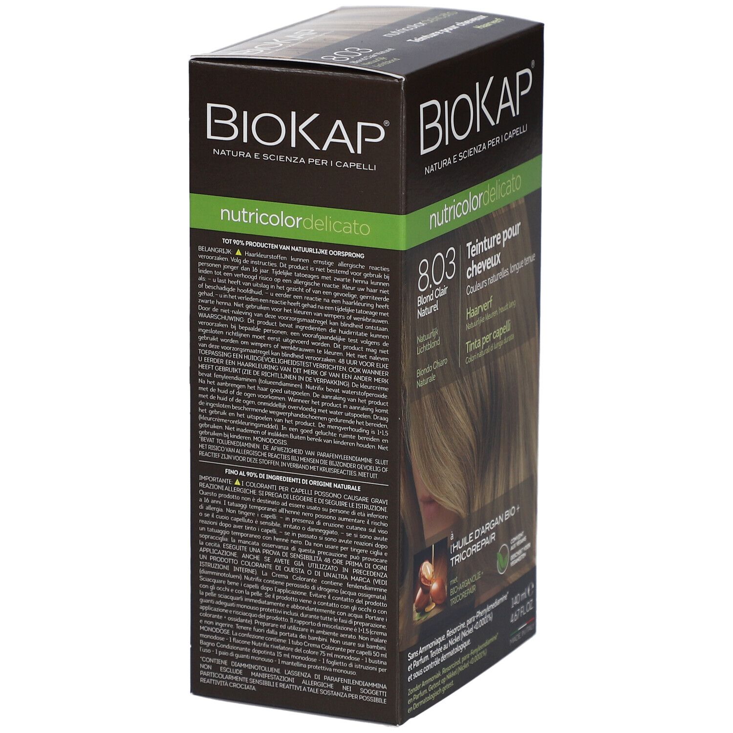Boîte de produit BIOKAP Nutricolor Delicato 8.03 Blond Clair Naturel. Verso avec texte.