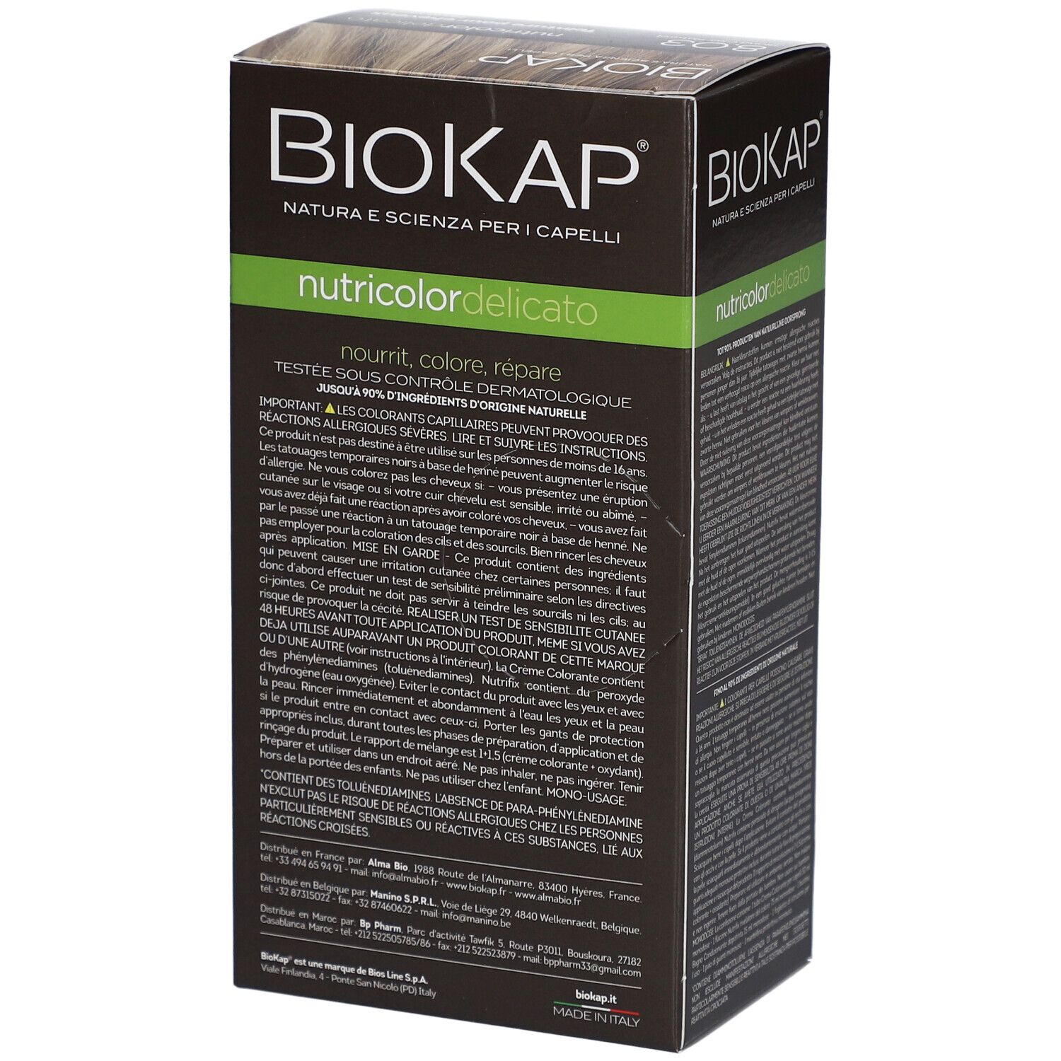 Boîte de produit BIOKAP Nutricolor Delicato 8.03 Blond Clair Naturel. Vue latérale avec texte.