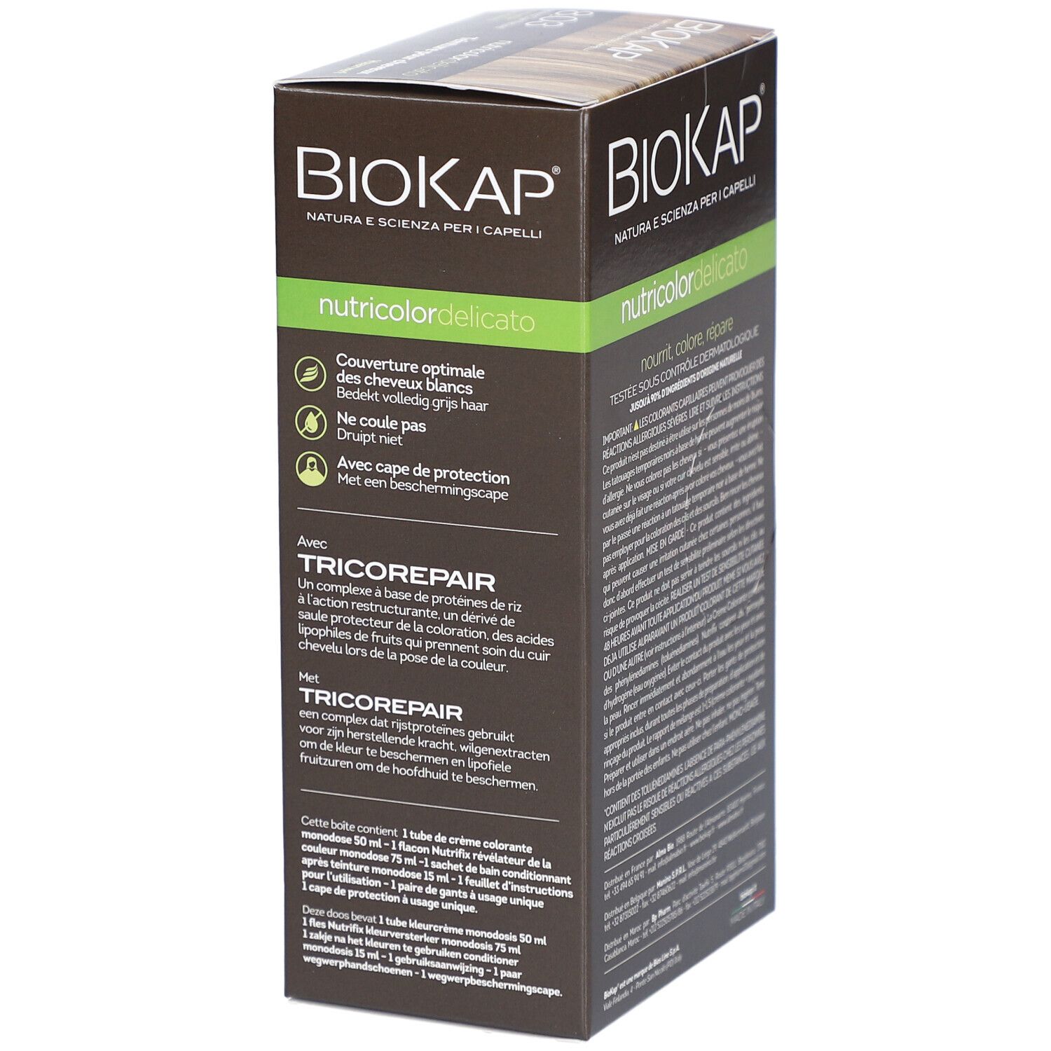 Boîte de produit BIOKAP Nutricolor Delicato 8.03 Blond Clair Naturel. Vue latérale avec texte.