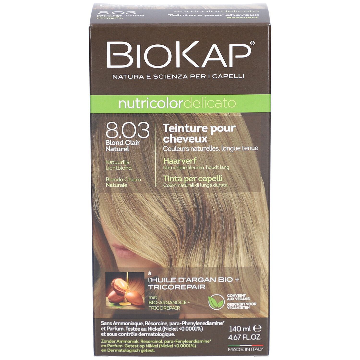 Boîte de produit BIOKAP Nutricolor Delicato 8.03 Blond Clair Naturel. Vue latérale avec texte.