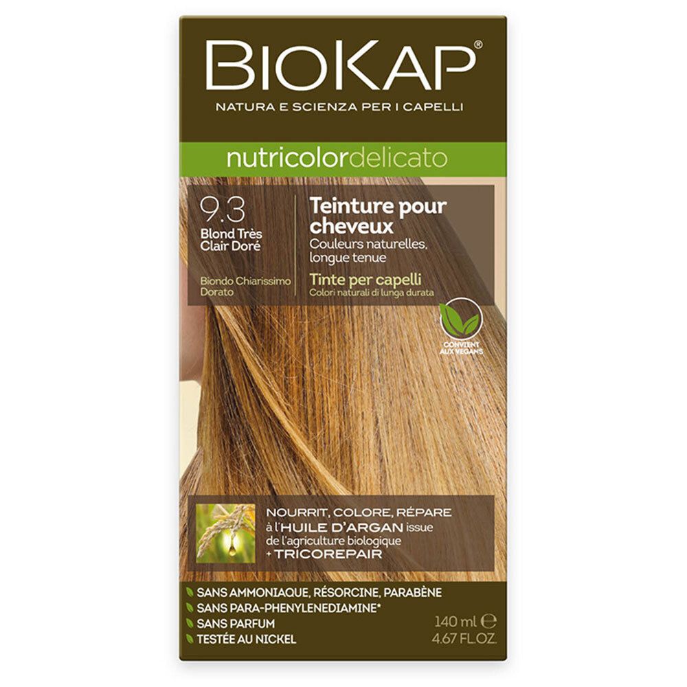 BIOKAP Nutricolor Delicato 9.3 Blond très Clair Doré. Teinture pour cheveux. Mèche blonde. Informations produit sur l'emballage.