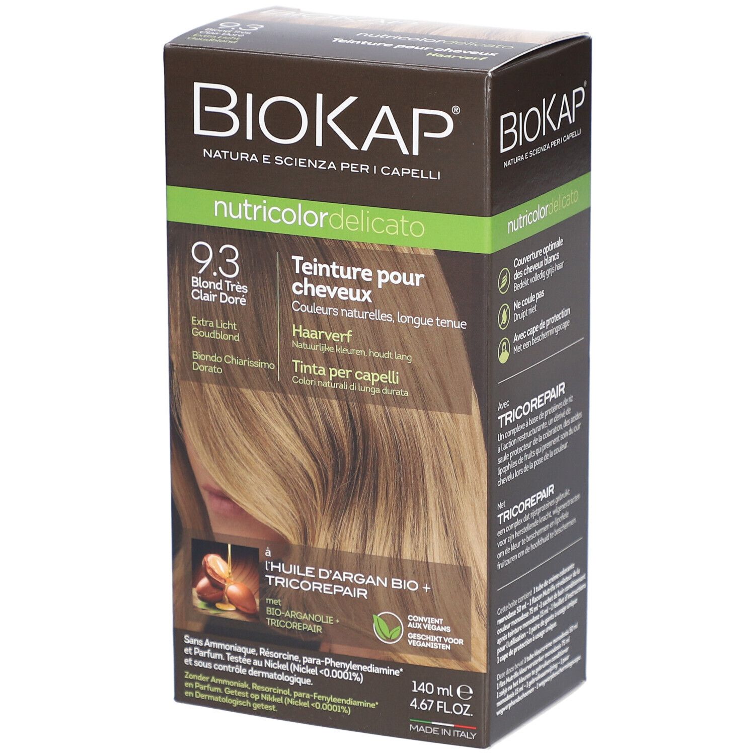 Emballage BIOKAP Nutricolor Delicato 9.3 Blond très Clair Doré. Informations produit et couleur de cheveux.