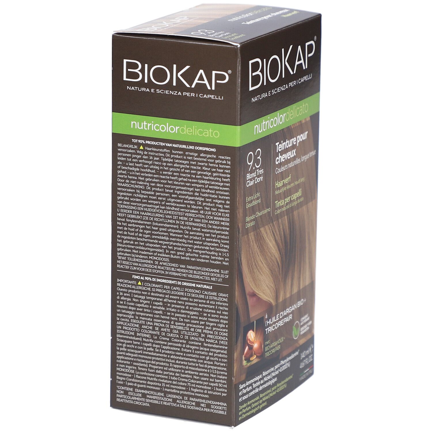 Emballage BIOKAP Nutricolor Delicato. Arrière avec informations produit et texte.