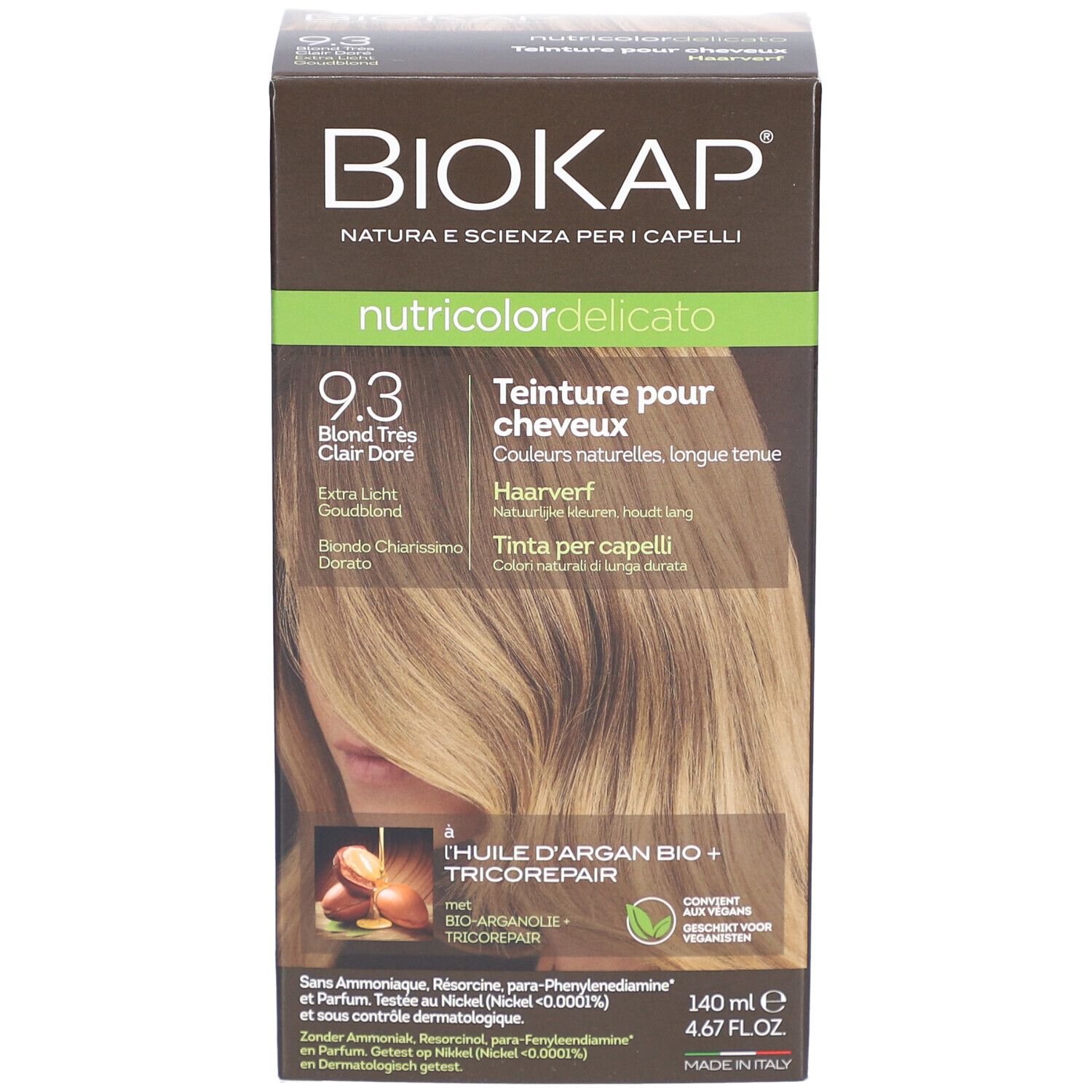 Emballage BIOKAP Nutricolor Delicato 9.3 Blond très Clair Doré. Informations produit.