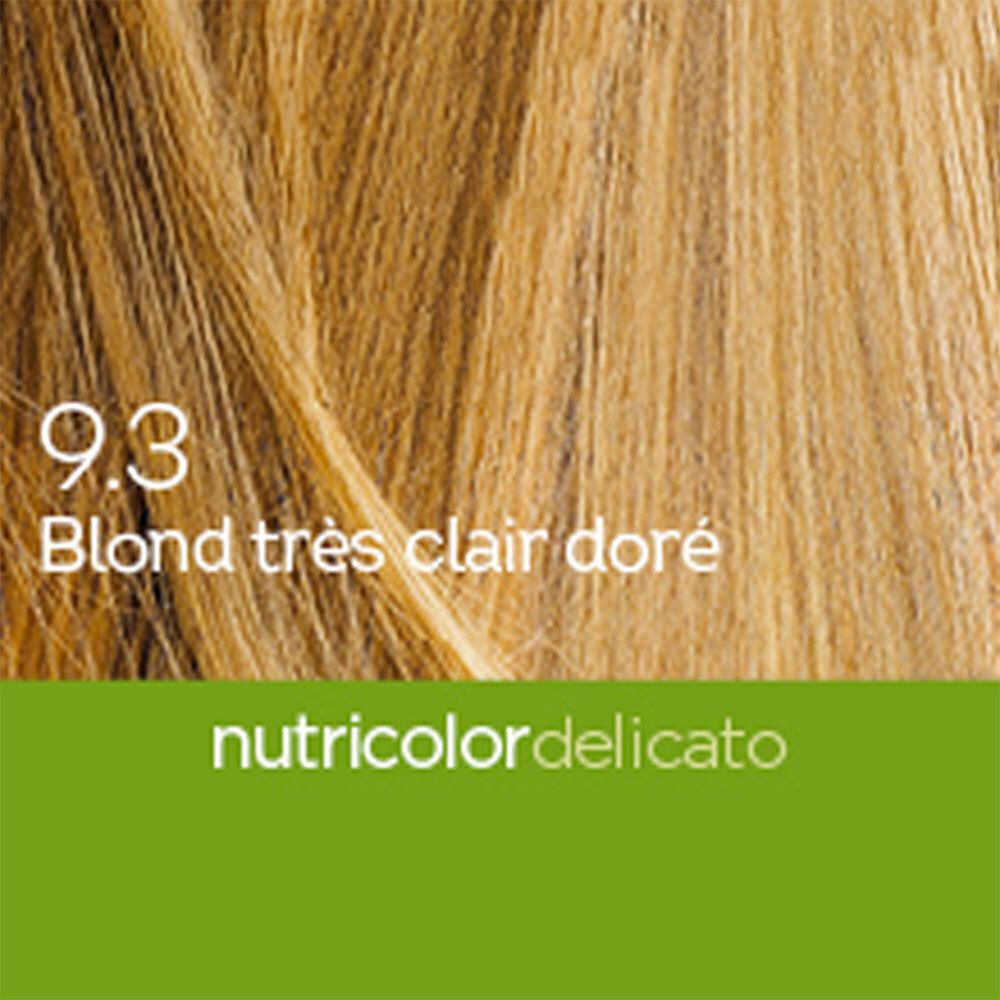 BIOKAP Nutricolor Delicato 9.3 Blond très Clair Doré. Mèche blonde. Nom du produit et nuance.