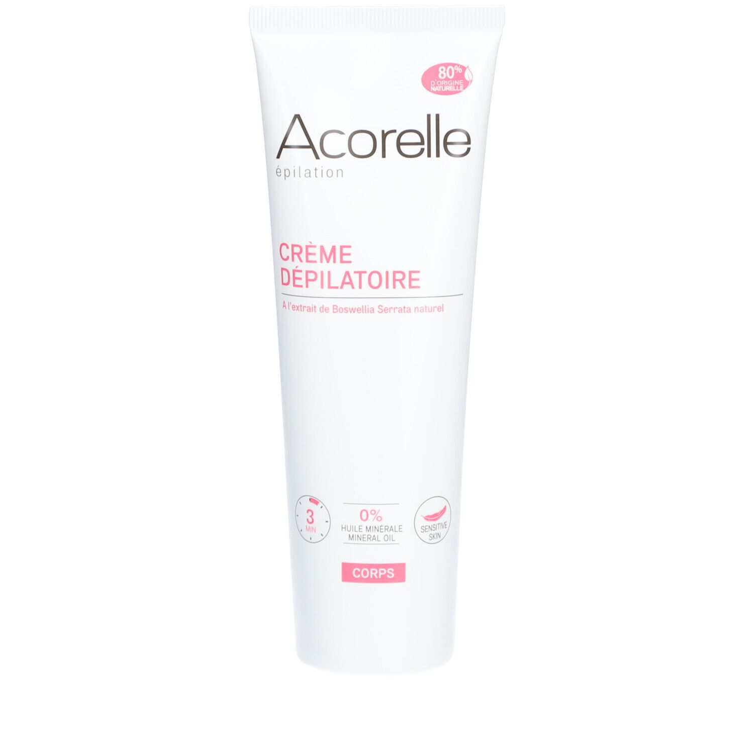Tube blanc Acorelle crème dépilatoire. Inscription crème dépilatoire et logos roses. Corps.