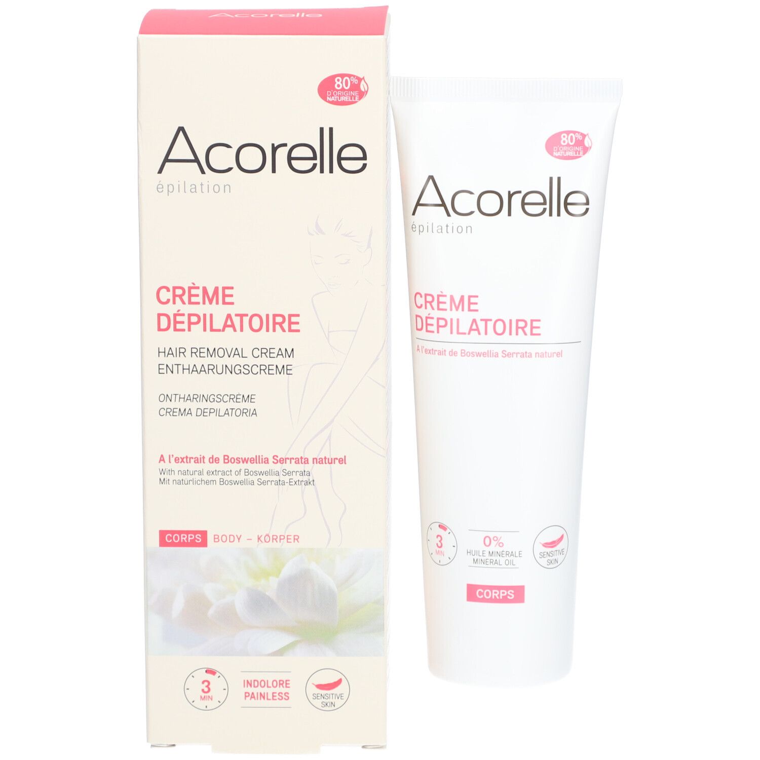 Acorelle crème dépilatoire et emballage. Nom du produit et logos. Corps.