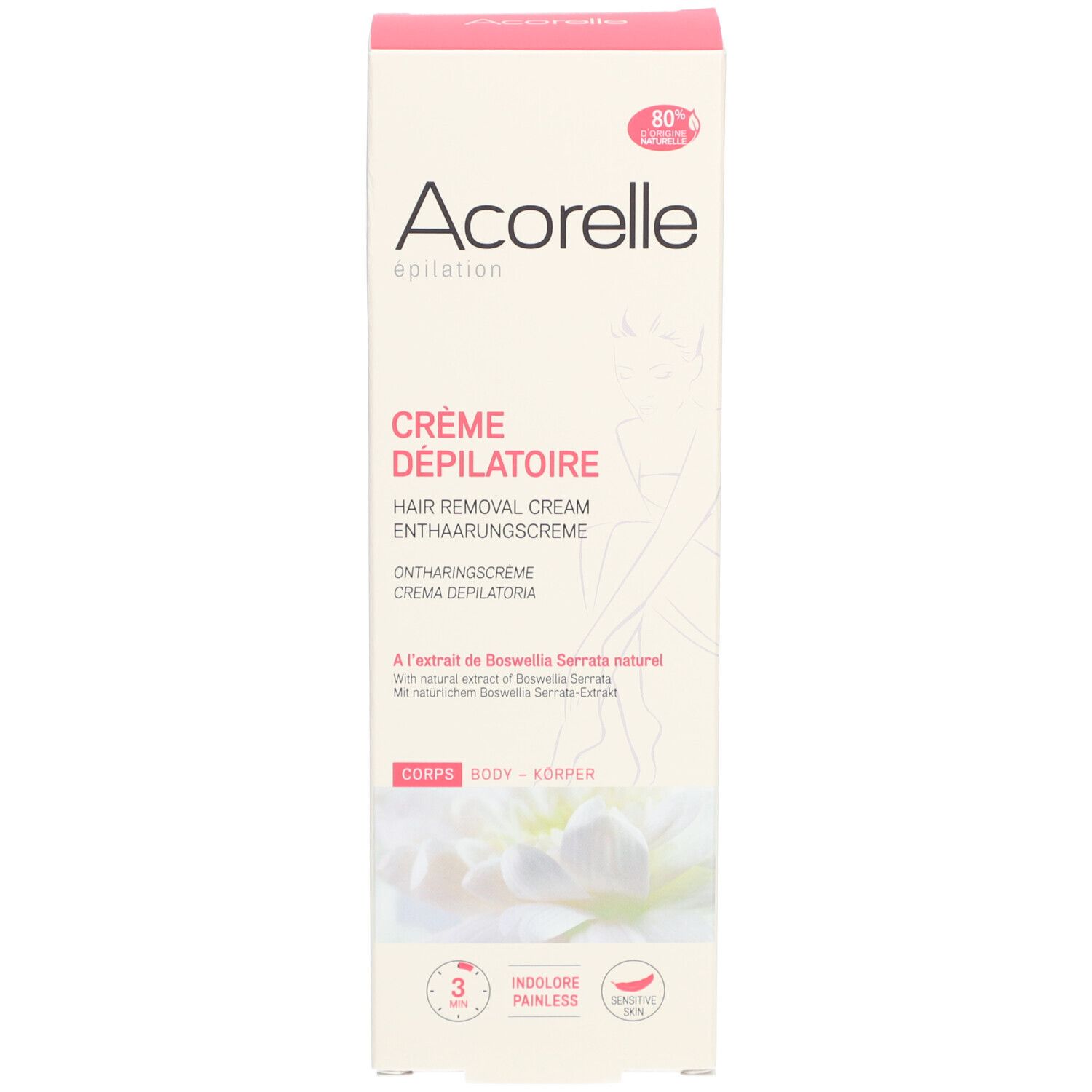 Emballage Acorelle crème dépilatoire. Nom du produit et logos. Corps.