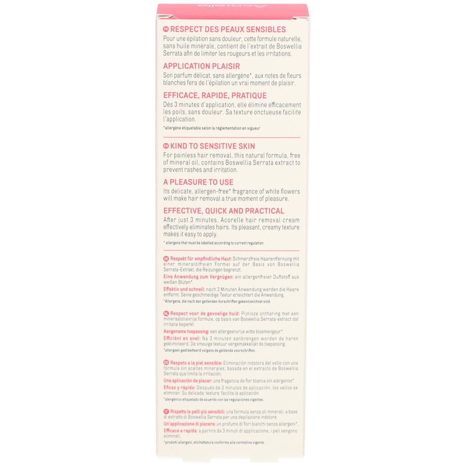 Emballage. Informations sur les ingrédients et l'utilisation. Description pour peaux sensibles.