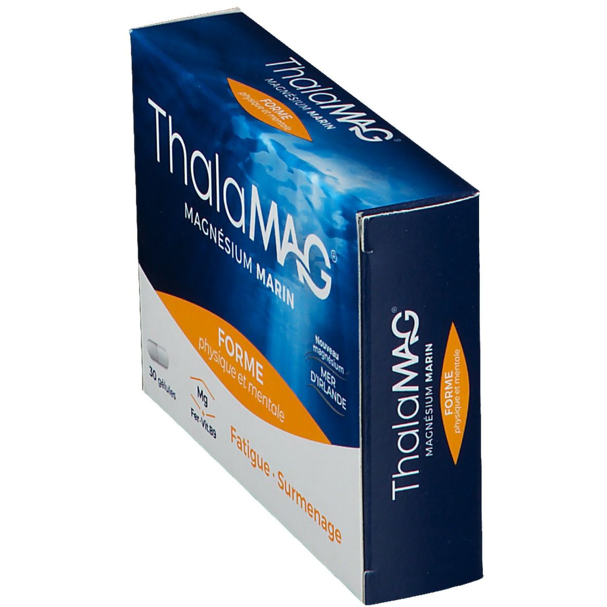 Boîte "ThalaMAG" en emballage bleu. Contient 30 gélules. Texte : "Magnésium Marin", "Forme physique et mentale", "Fatigue - Surmenage".