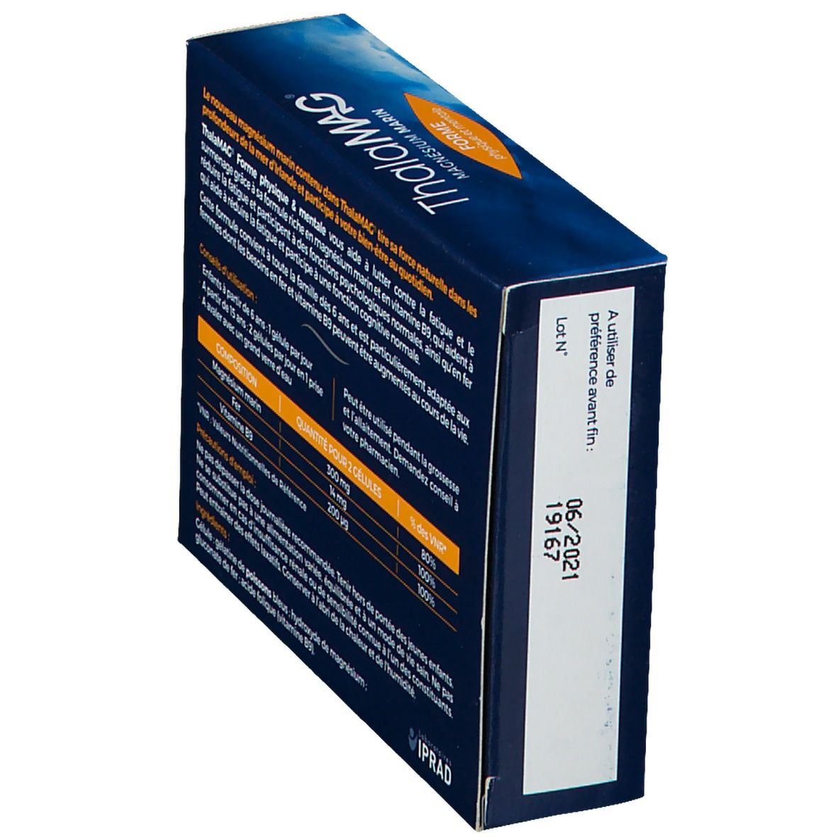 Vue latérale de la boîte "ThalaMAG". Texte en français. Contient des informations sur les ingrédients, le dosage et les valeurs nutritionnelles.