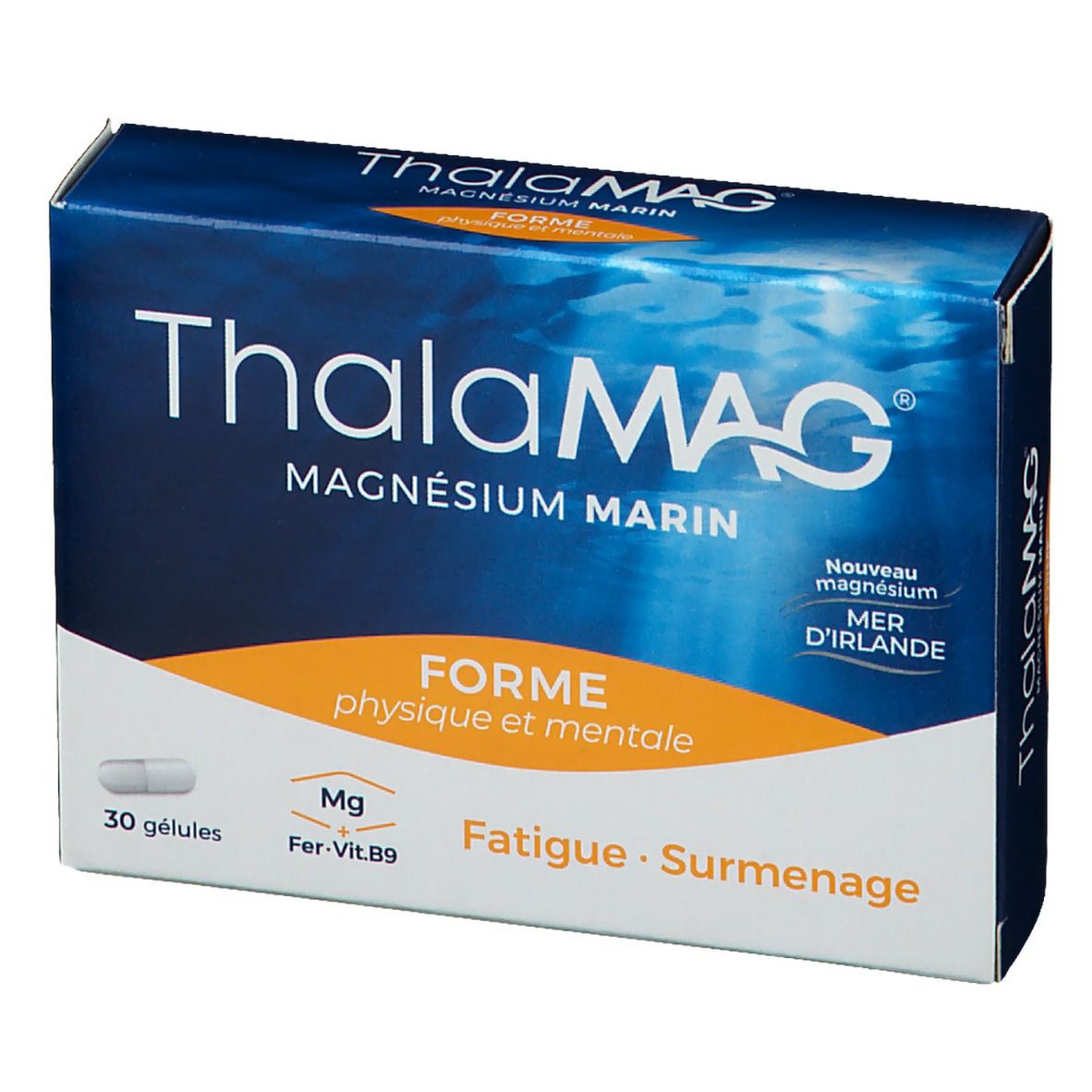 Boîte bleue et blanche "ThalaMAG". Contient 30 gélules. Texte : "Magnésium Marin", "Forme physique et mentale", "Fatigue - Surmenage".