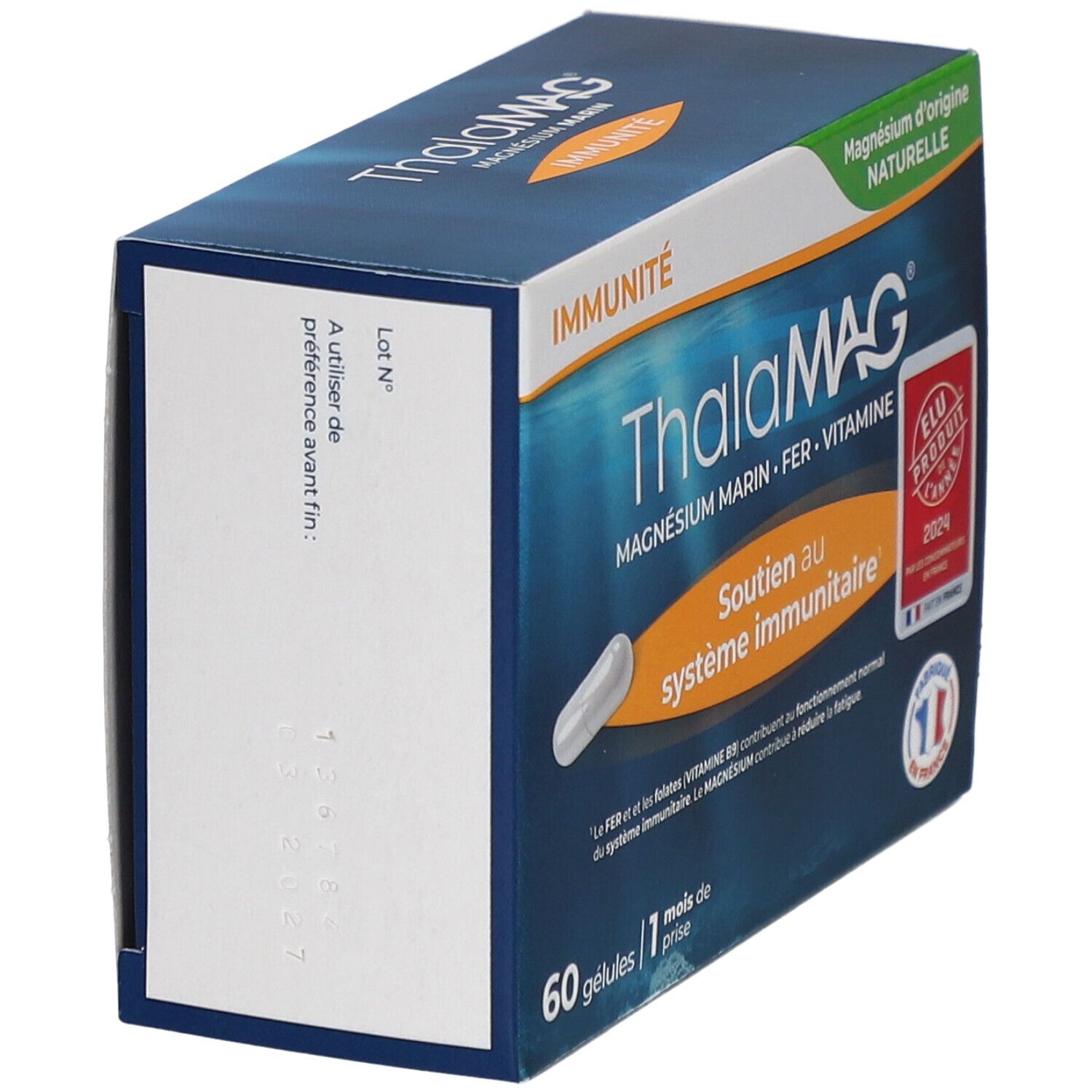 Boîte "ThalaMAG Magnésium Marin" bleue et blanche. Format ECO et texte "Forme physique et mentale".