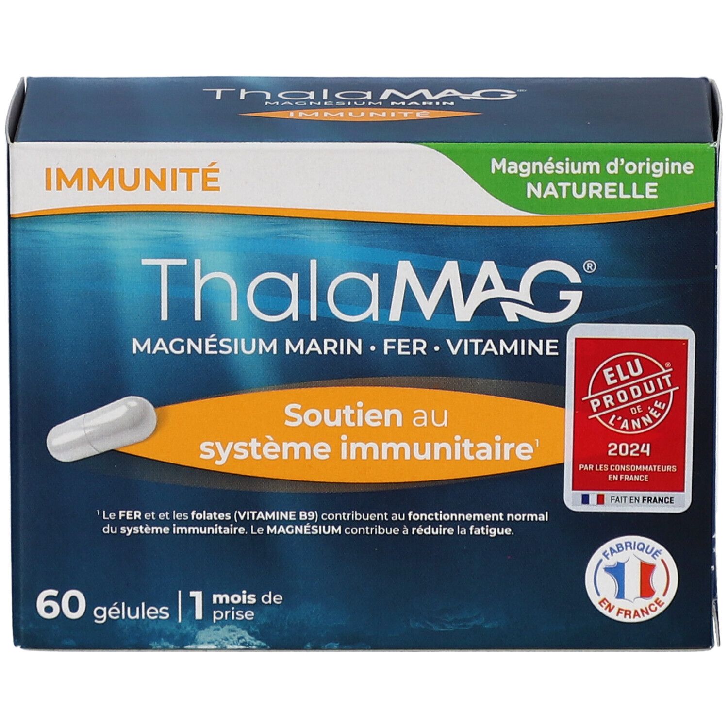 Boîte bleue et blanche "ThalaMAG Magnésium Marin". Format ECO, 60 gélules. Forme physique et mentale.