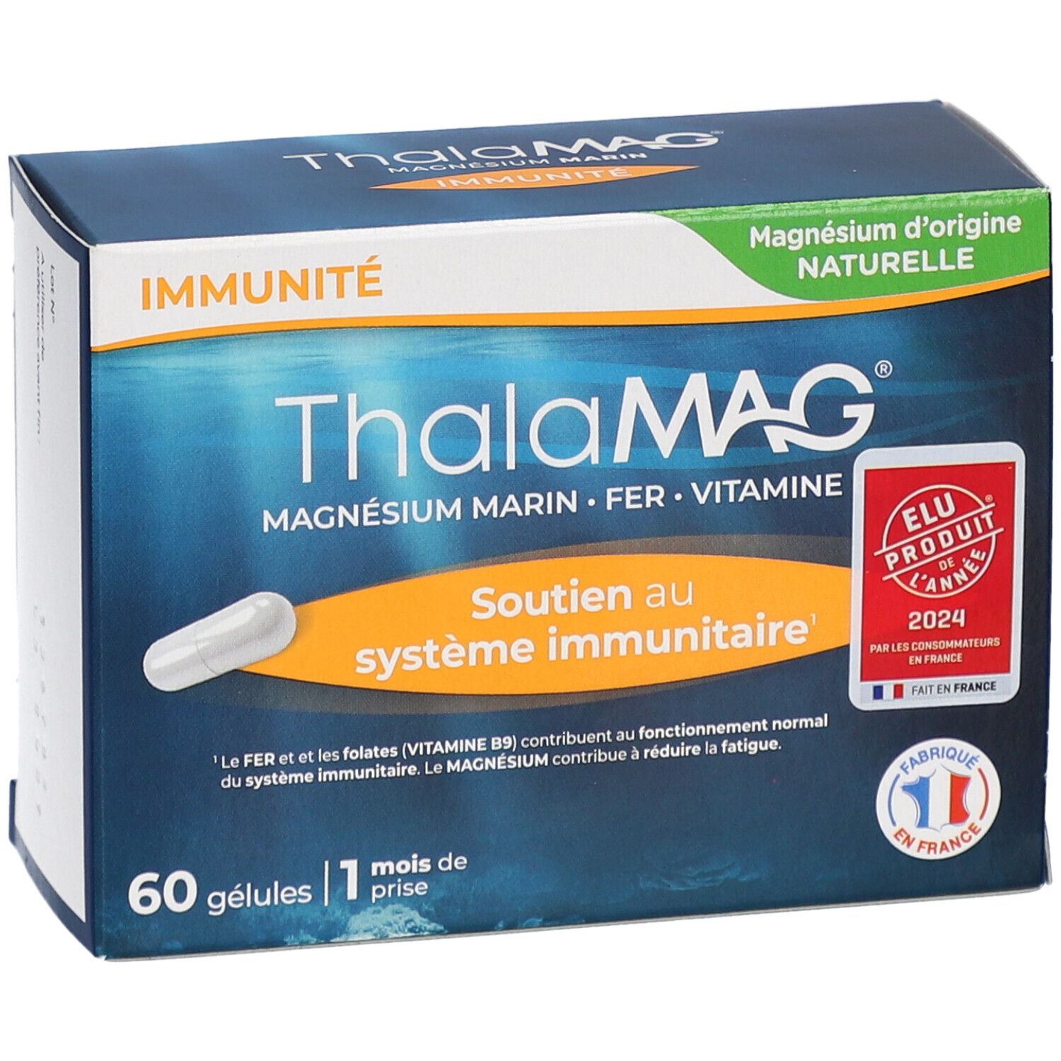 Boîte bleue et blanche "ThalaMAG Magnésium Marin". Format ECO, 60 gélules. Forme physique et mentale.