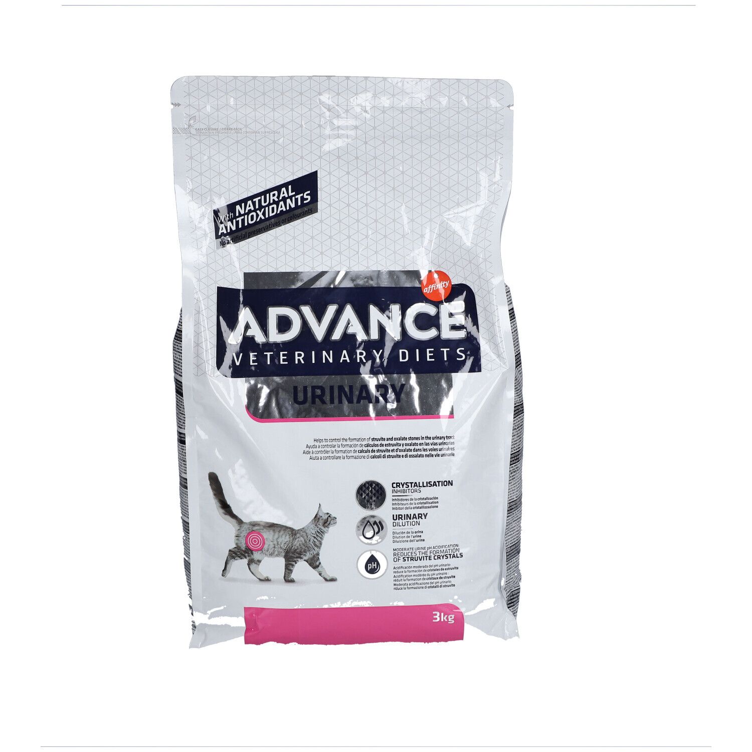 ADVANCE Veterinary Diets Urinary Chat Beutel. Text, Logo, Katze. 3kg. Natürliche Antioxidantien.