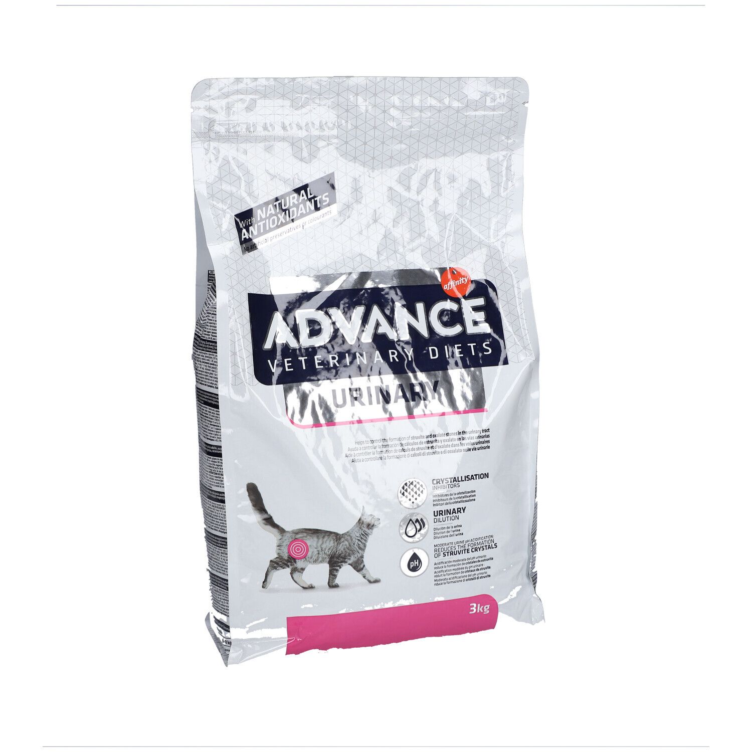 ADVANCE Veterinary Diets Urinary Chat Beutel. Text, Logo, Katze. 3kg. Natürliche Antioxidantien.