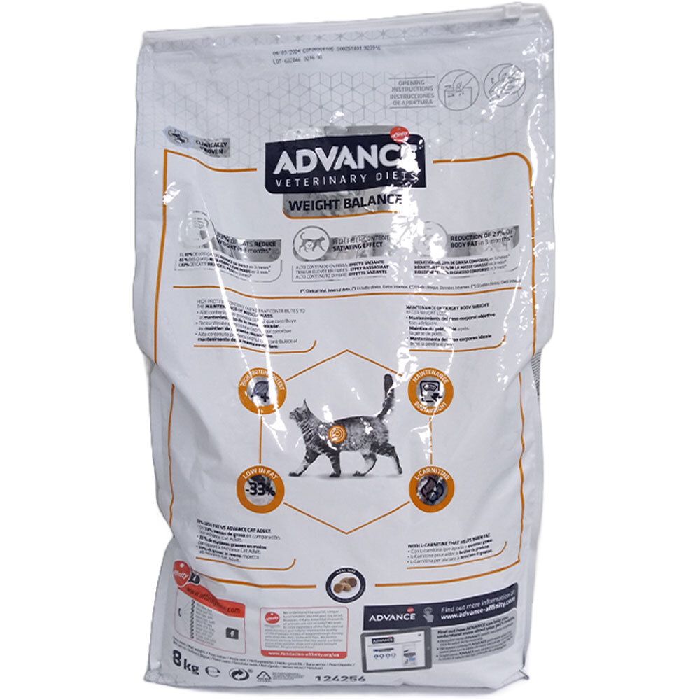 Beutel "Advance Veterinary Diets Weight Balance" Katzenfutter. Rückseite mit Informationen und Illustrationen. 8 kg.