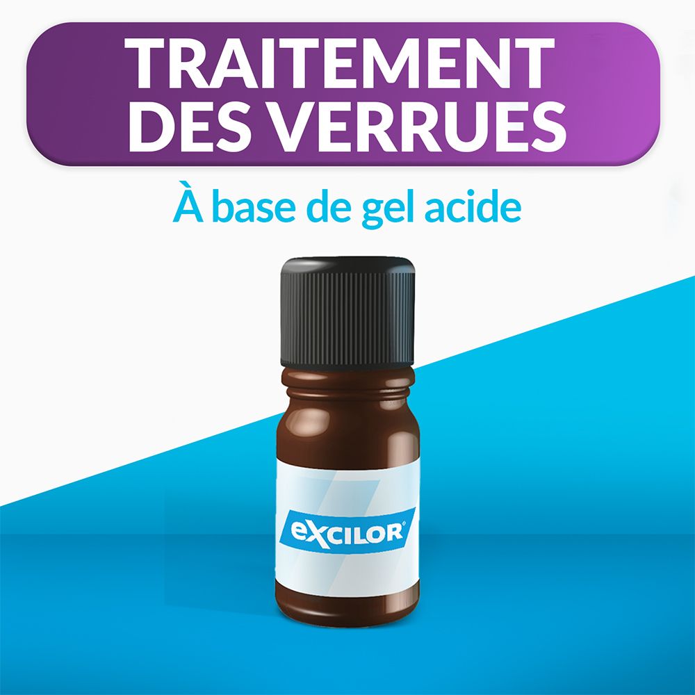 Flacon EXCILOR, traitement des verrues acide. Fond bleu et texte. Bouchon noir.