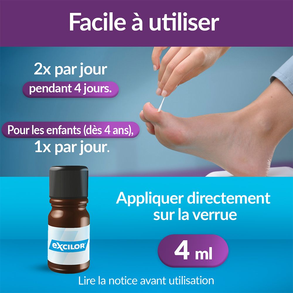 Flacon et coton-tige. Texte: 2x/jour pendant 4 jours. Enfants 1x/jour. 4 ml.