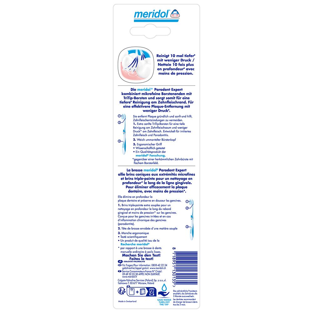 Rückseite der Verpackung mit Produktinformationen und Illustrationen. Text in Deutsch und Französisch. Logo: meridol®.