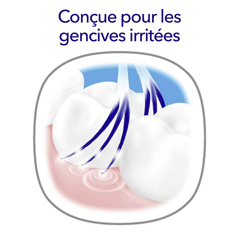 Illustration von Zähnen und Zahnfleisch. Text: „Conçue pour les gencives irritées“ (frz.).