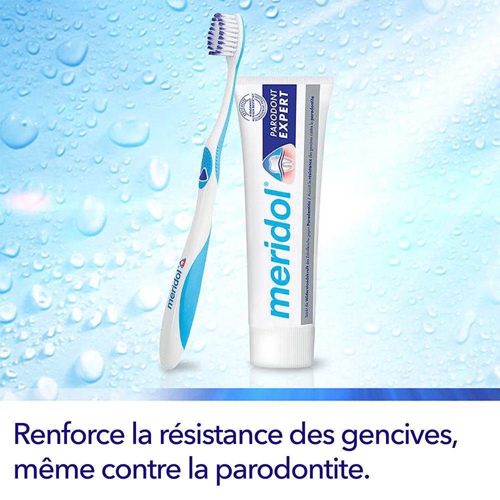 Zahnbürste und Zahnpasta auf blauem Hintergrund. Text: „Renforce la résistance des gencives, même contre la parodontite.“ (frz.).
