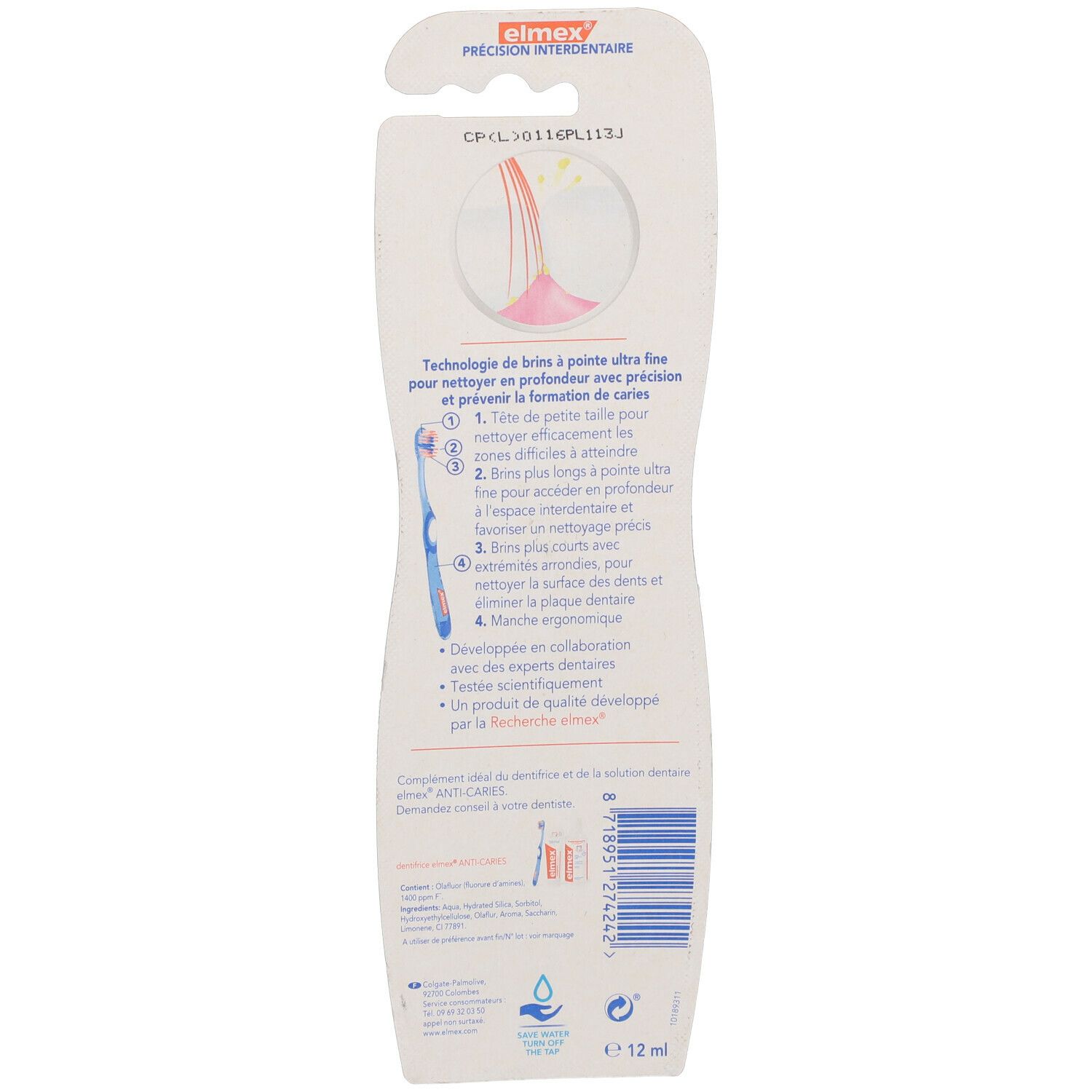 Elmex Präzision Interdental Zahnbürste. Verpackung mit Produktinformationen. Blaue Zahnbürste mit weißem Griff. Text: Elmex, Präzision Interdental.