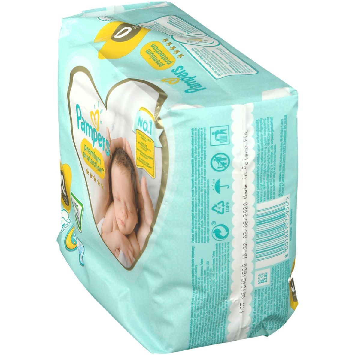 Paquet de couches Pampers® Premium Protection™ Taille 0, vue latérale. Image bébé dans cœur. Symbole '0' jaune. Texte et symboles sur l'emballage.