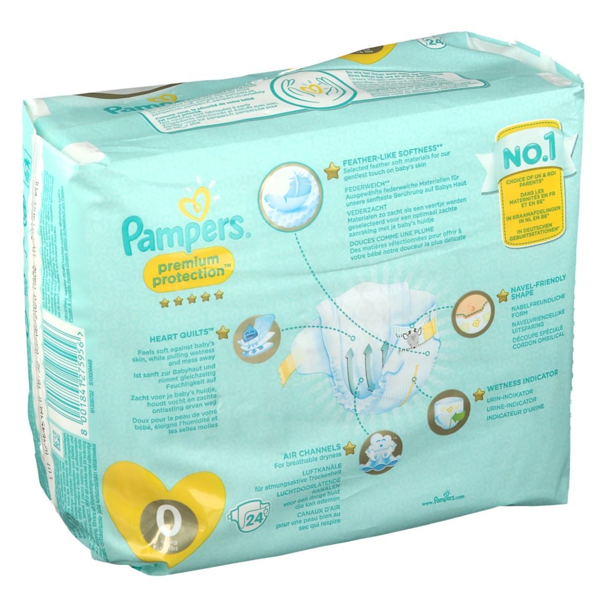 Dos du paquet de couches Pampers® Premium Protection™ Taille 0. Diagrammes et texte. Symbole '0' jaune. Informations sur le produit.