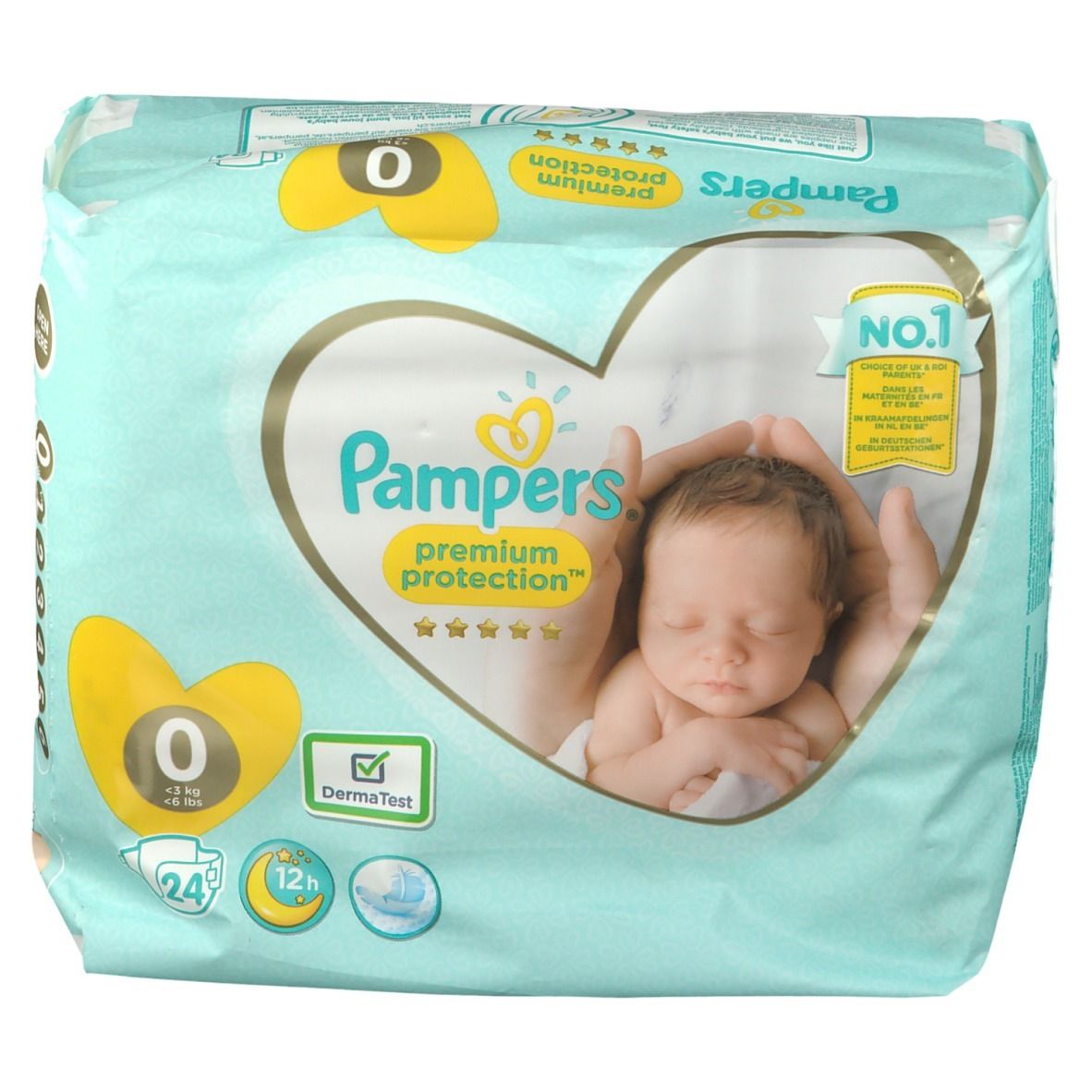 Paquet de couches Pampers® Premium Protection™ Taille 0, 0-3 kg. Image d'un bébé dans les mains, cœur jaune avec '0'.