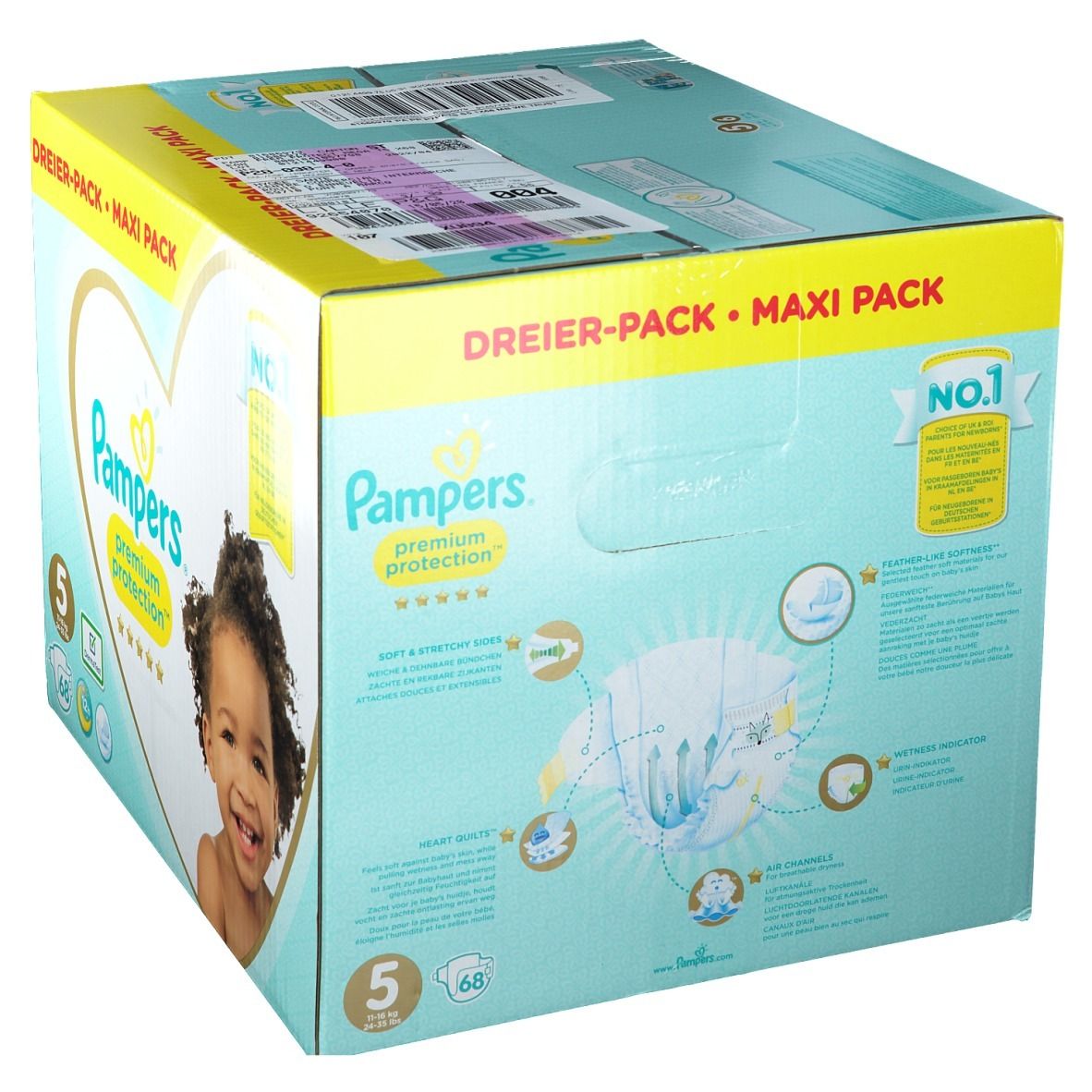 Paquet de couches Pampers Premium Protection Taille 5. Emballage avec caractéristiques du produit et illustration de bébé.