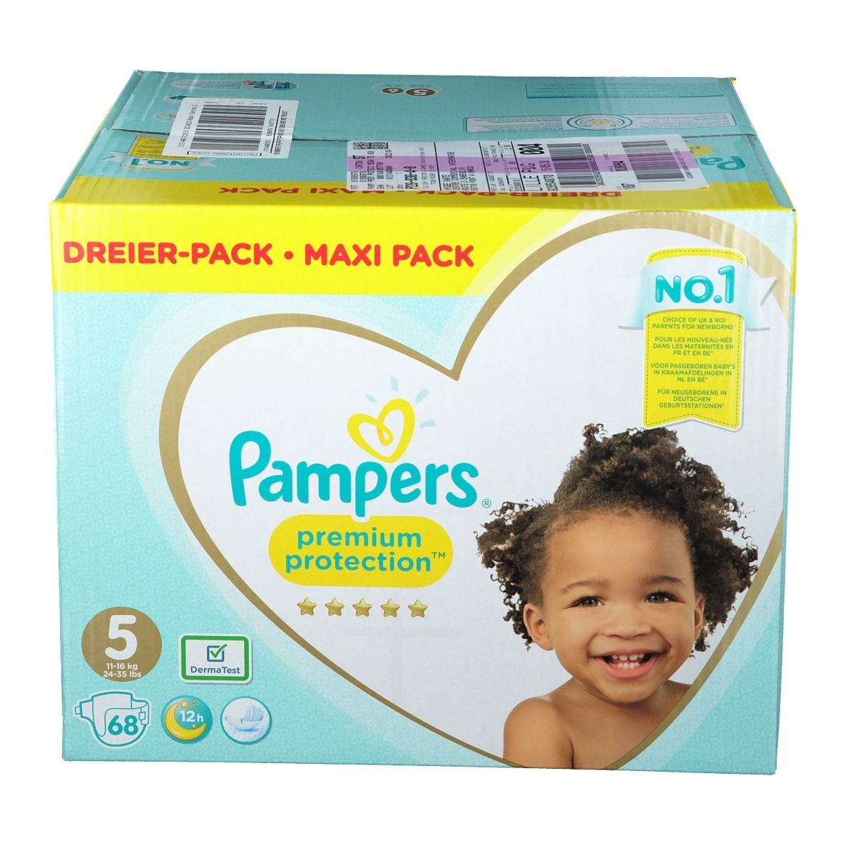 Paquet de couches Pampers Premium Protection Taille 5. Emballage avec illustration de bébé et informations produit.